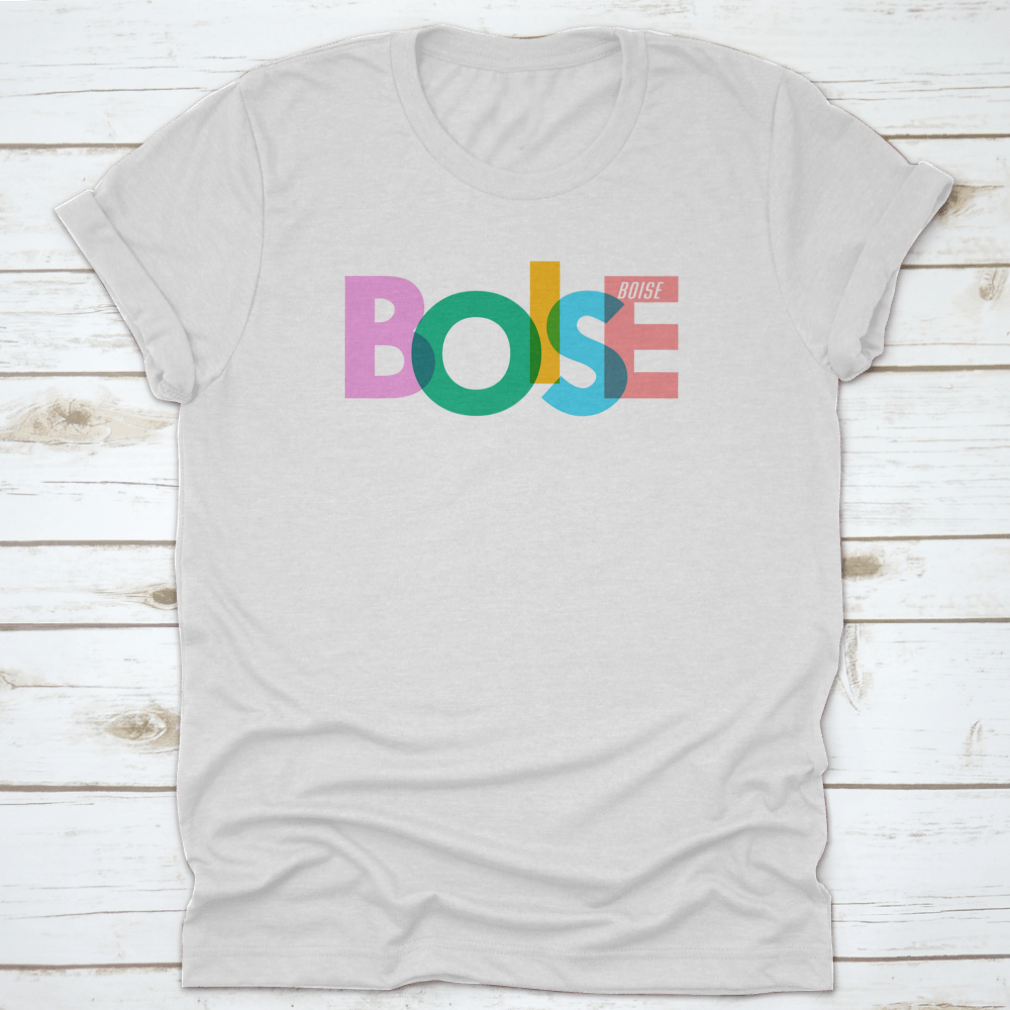 A stylish t-shirt featuring a vector design of the city name 'Boise' on a white background, showcasing its modern and minimalist aesthetic.