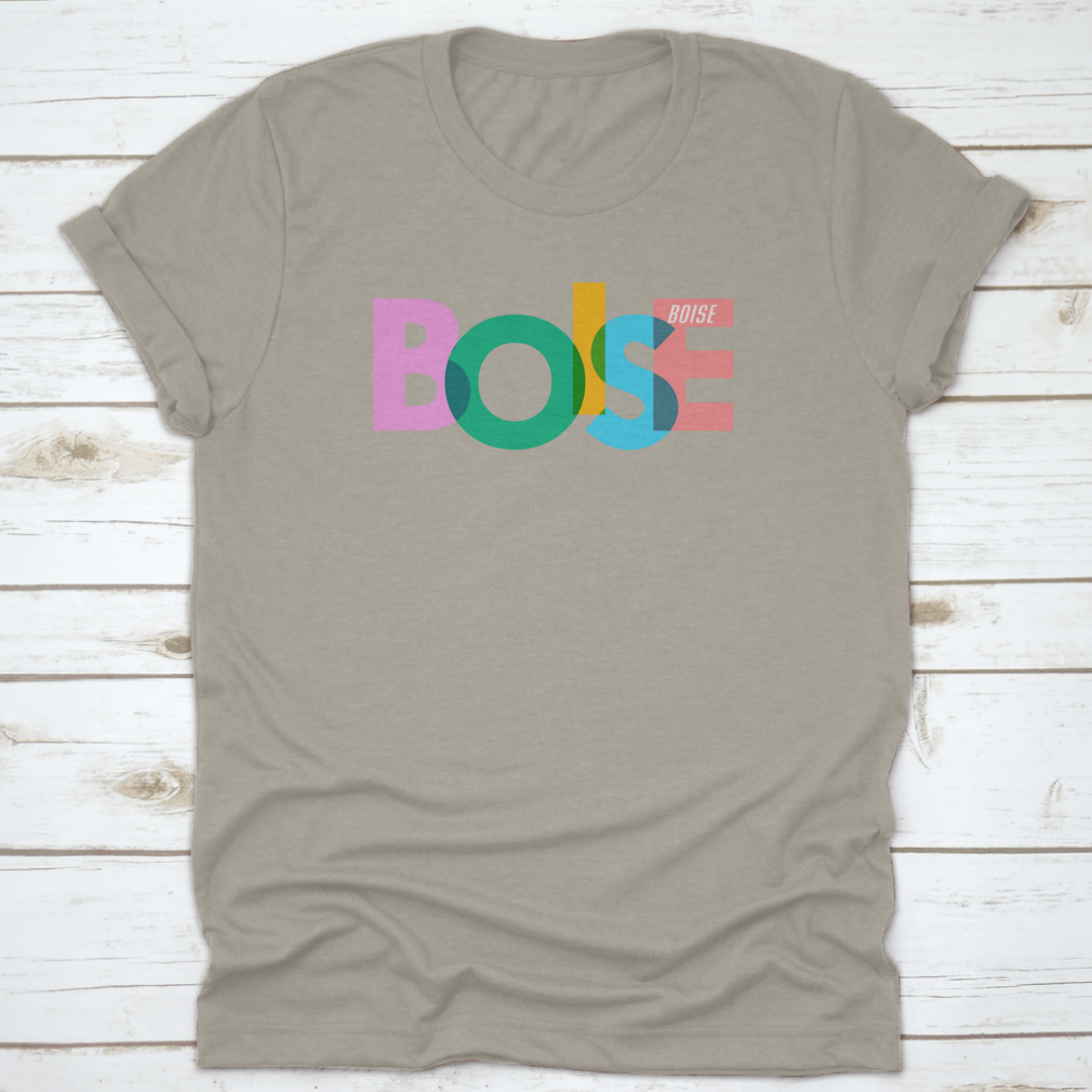 A stylish t-shirt featuring a vector design of the city name 'Boise' on a white background, showcasing its modern and minimalist aesthetic.