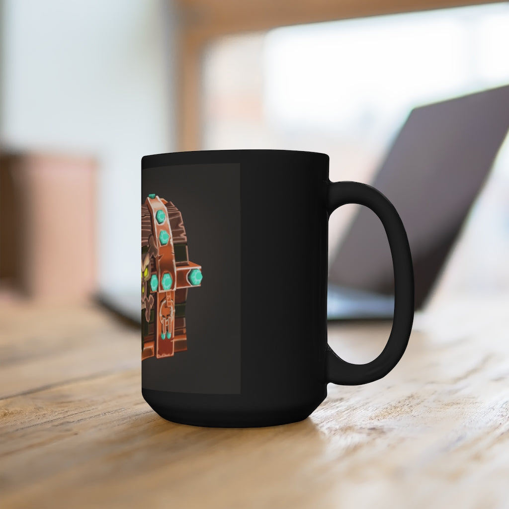 Bone Chest Black Mug 15oz, a stylish black ceramic mug with rounded corners and a comfortable C-handle, perfect for coffee and tea lovers.