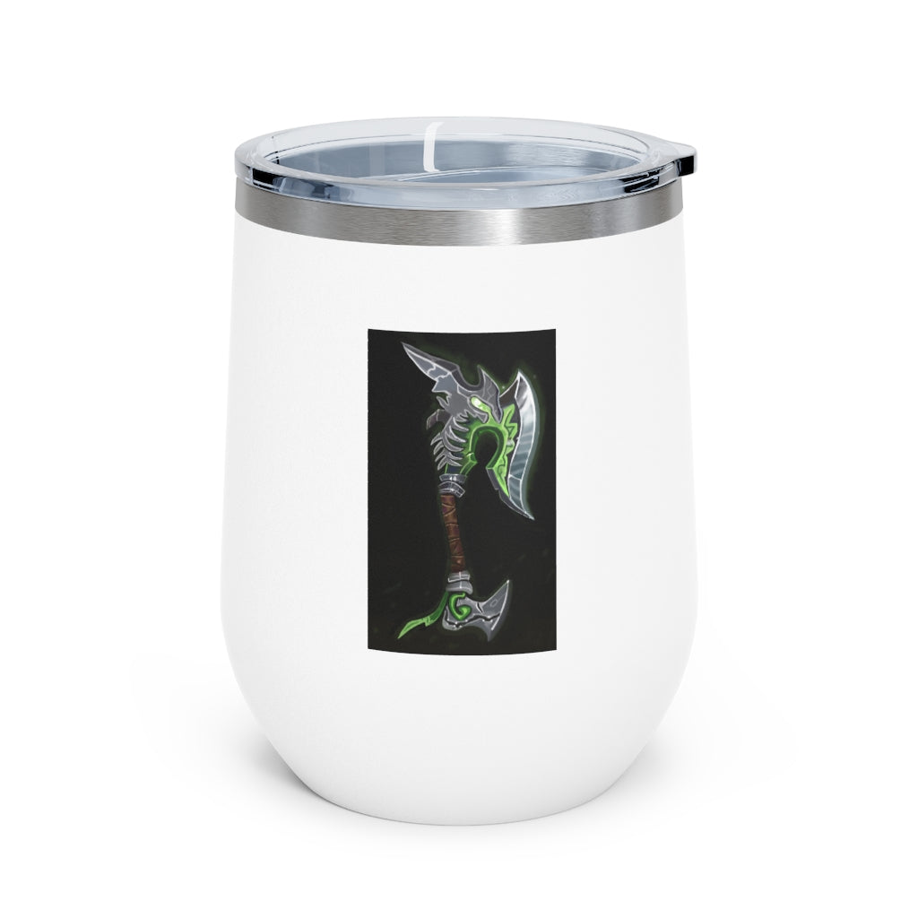 Bone Crusher Scythe 12oz Insulated Wine Tumbler with clear lid and stainless steel body, perfect for hot and cold beverages.