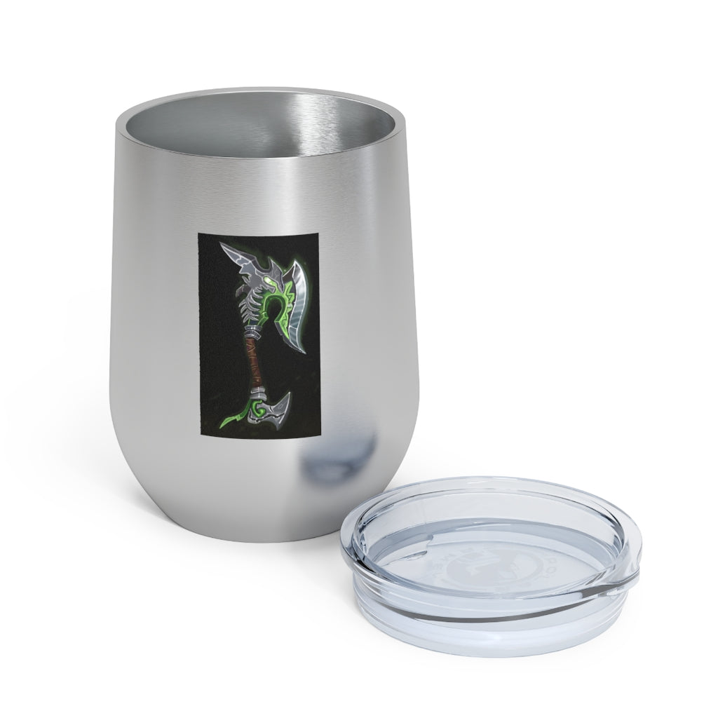 Bone Crusher Scythe 12oz Insulated Wine Tumbler with clear lid and stainless steel body, perfect for hot and cold beverages.