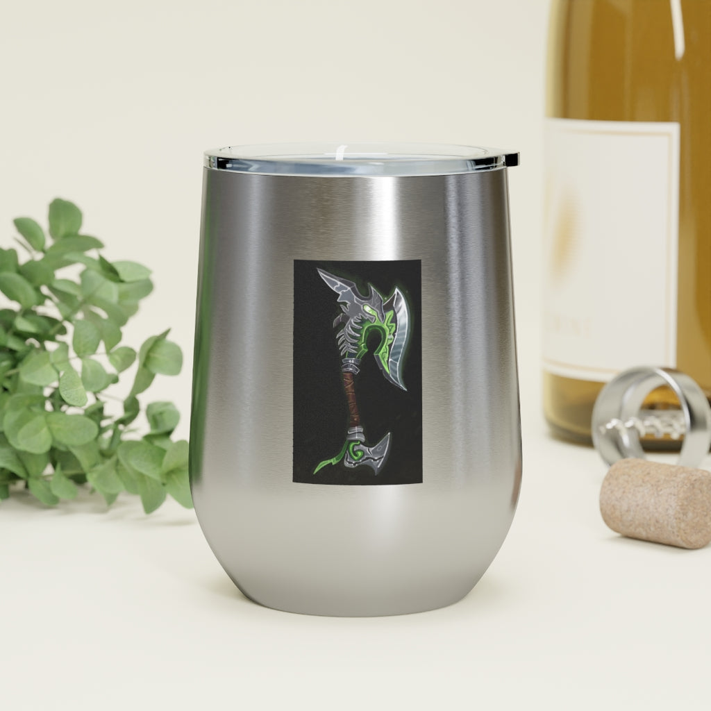 Bone Crusher Scythe 12oz Insulated Wine Tumbler with clear lid and stainless steel body, perfect for hot and cold beverages.