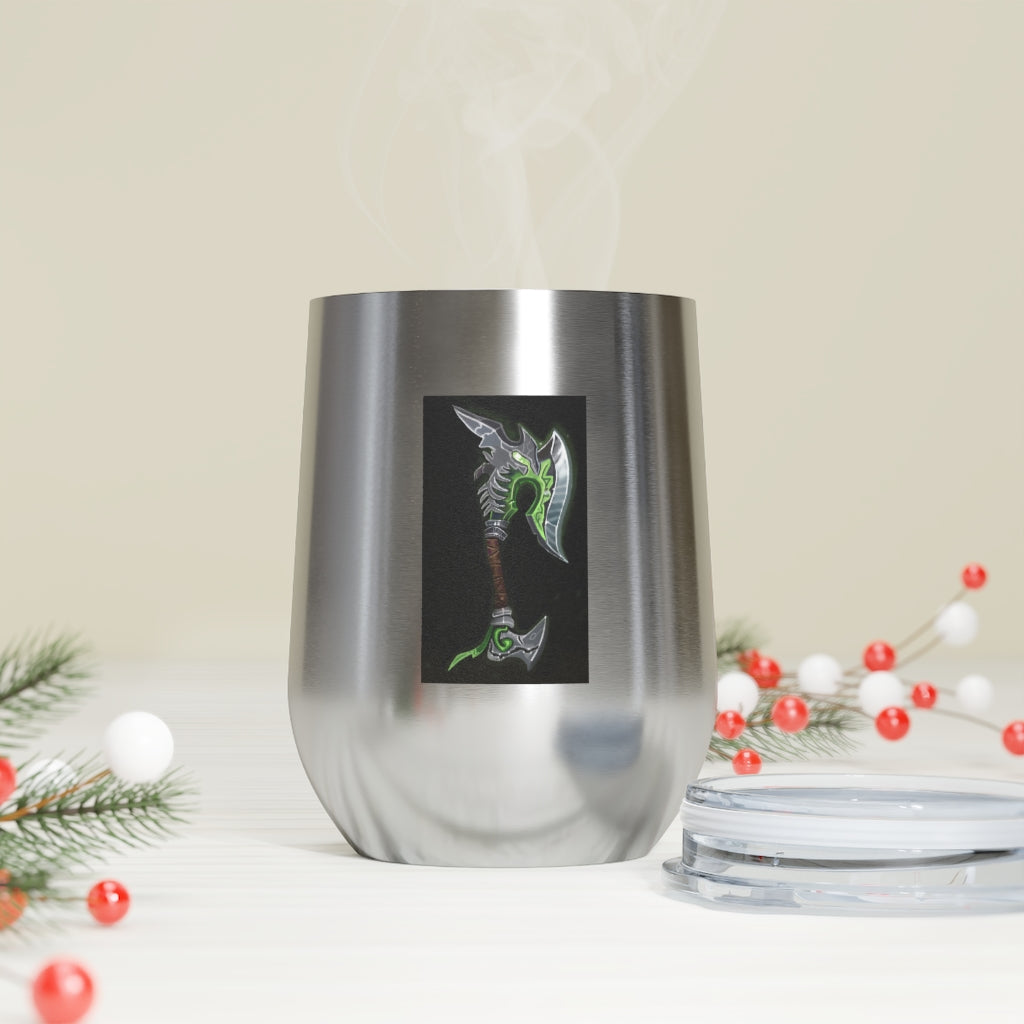 Bone Crusher Scythe 12oz Insulated Wine Tumbler with clear lid and stainless steel body, perfect for hot and cold beverages.