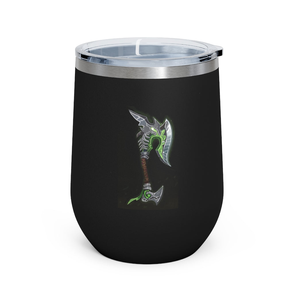 Bone Crusher Scythe 12oz Insulated Wine Tumbler with clear lid and stainless steel body, perfect for hot and cold beverages.