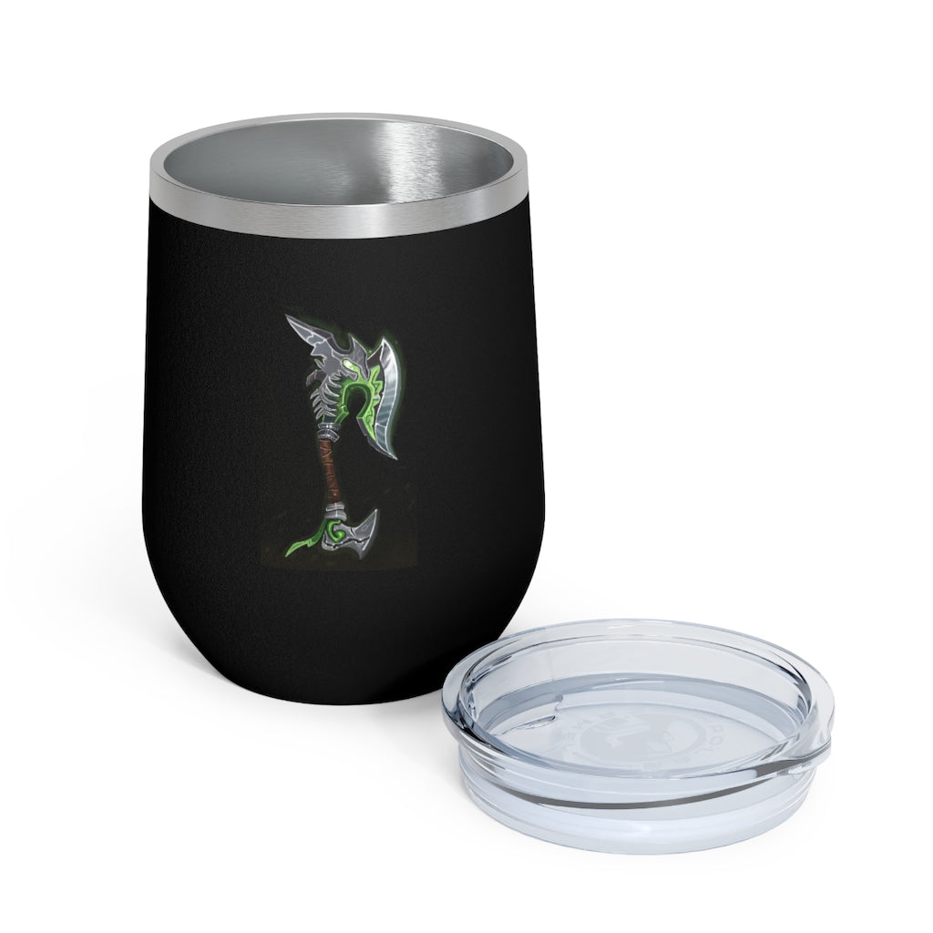 Bone Crusher Scythe 12oz Insulated Wine Tumbler with clear lid and stainless steel body, perfect for hot and cold beverages.