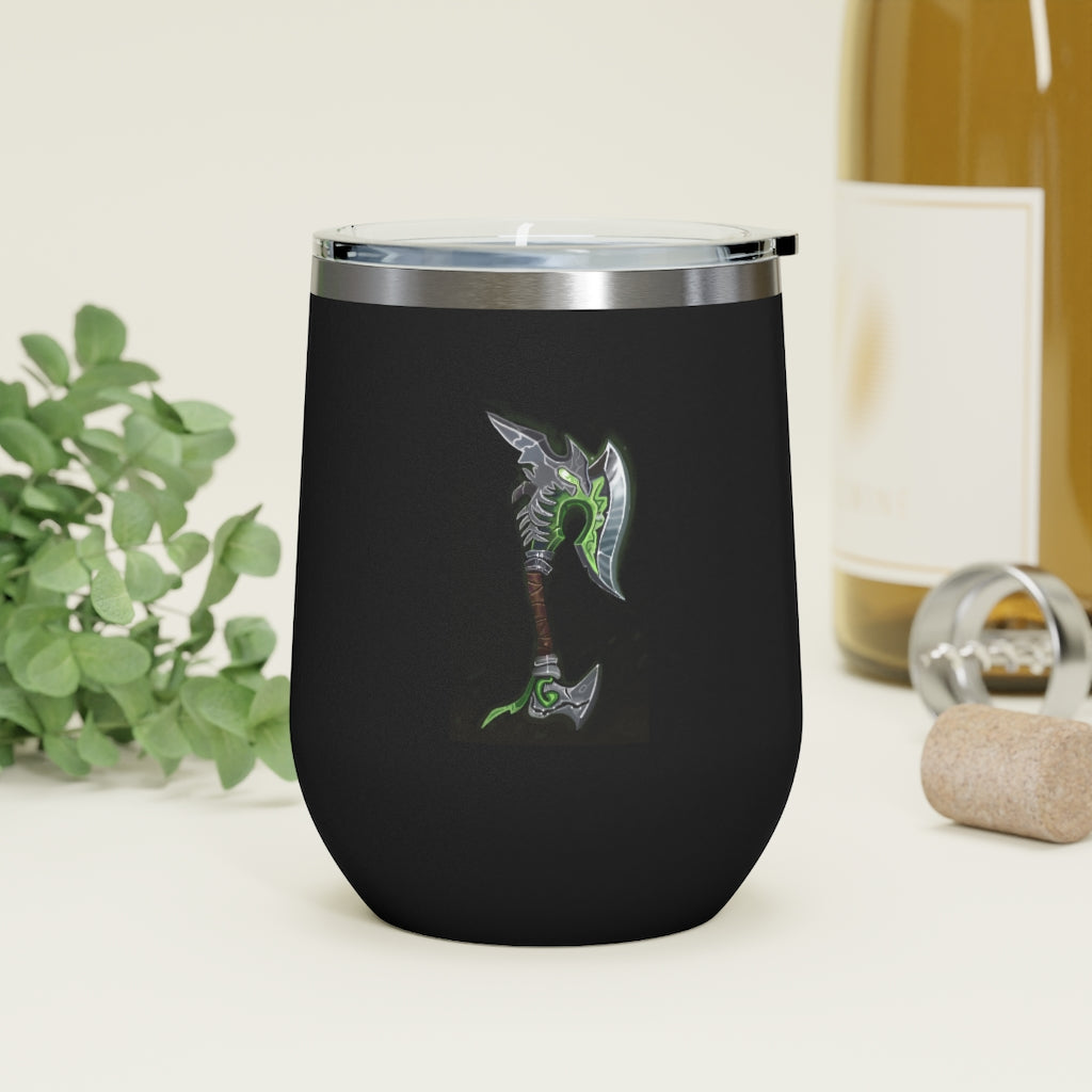 Bone Crusher Scythe 12oz Insulated Wine Tumbler with clear lid and stainless steel body, perfect for hot and cold beverages.