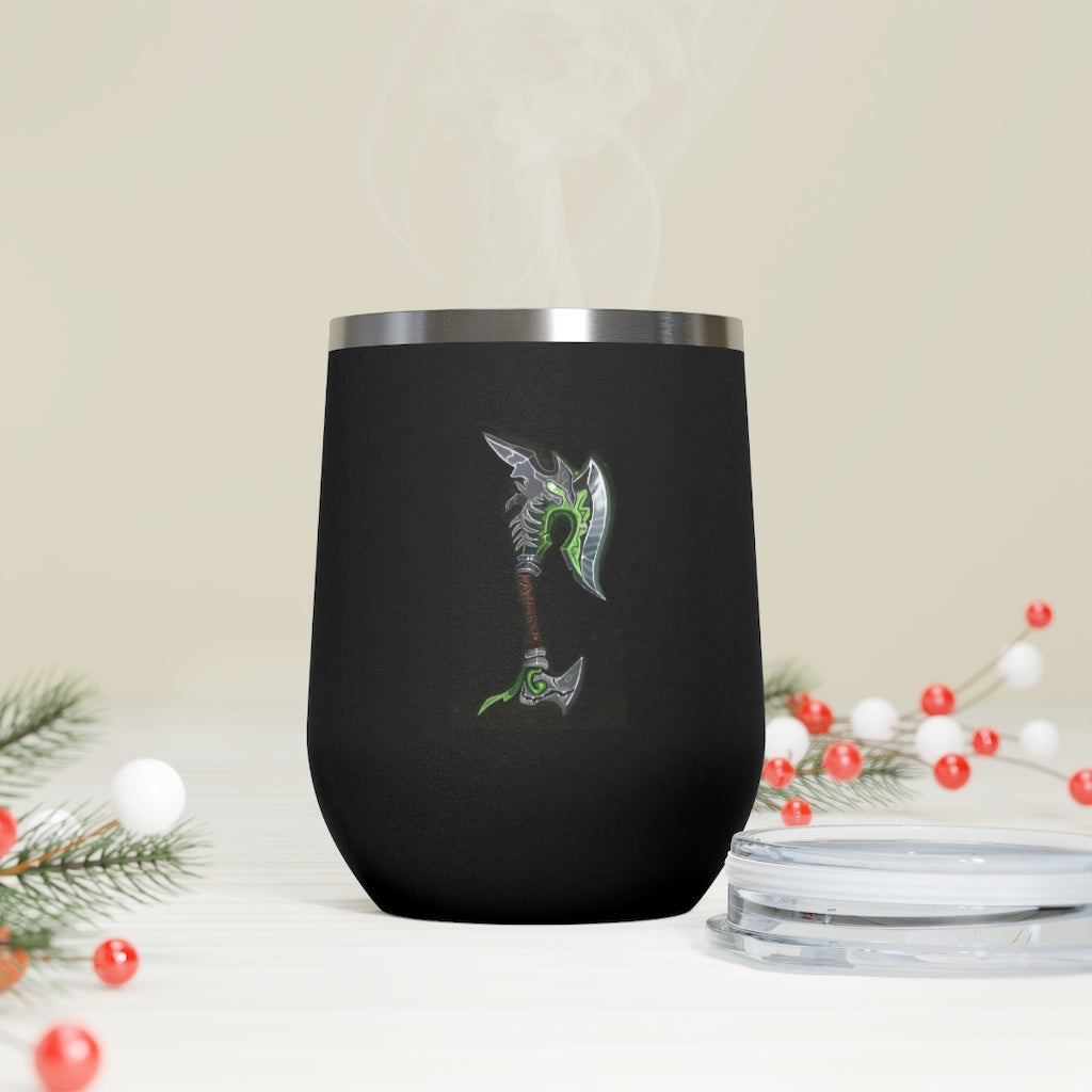 Bone Crusher Scythe 12oz Insulated Wine Tumbler with clear lid and stainless steel body, perfect for hot and cold beverages.