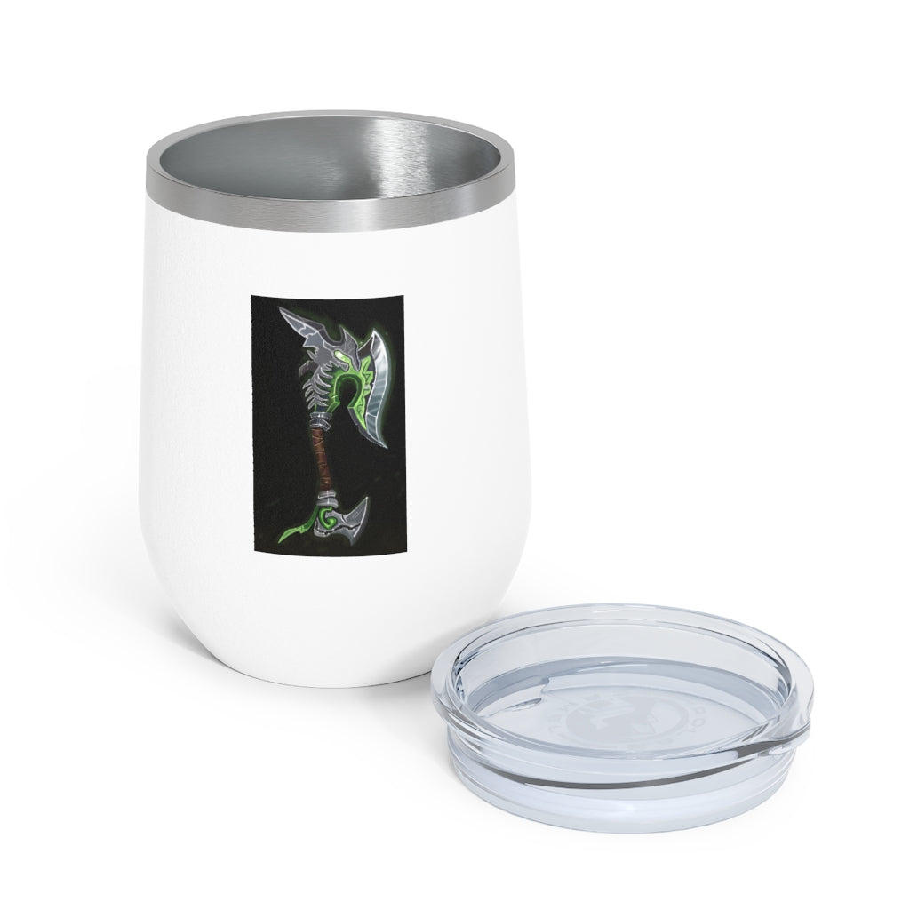 Bone Crusher Scythe 12oz Insulated Wine Tumbler with clear lid and stainless steel body, perfect for hot and cold beverages.