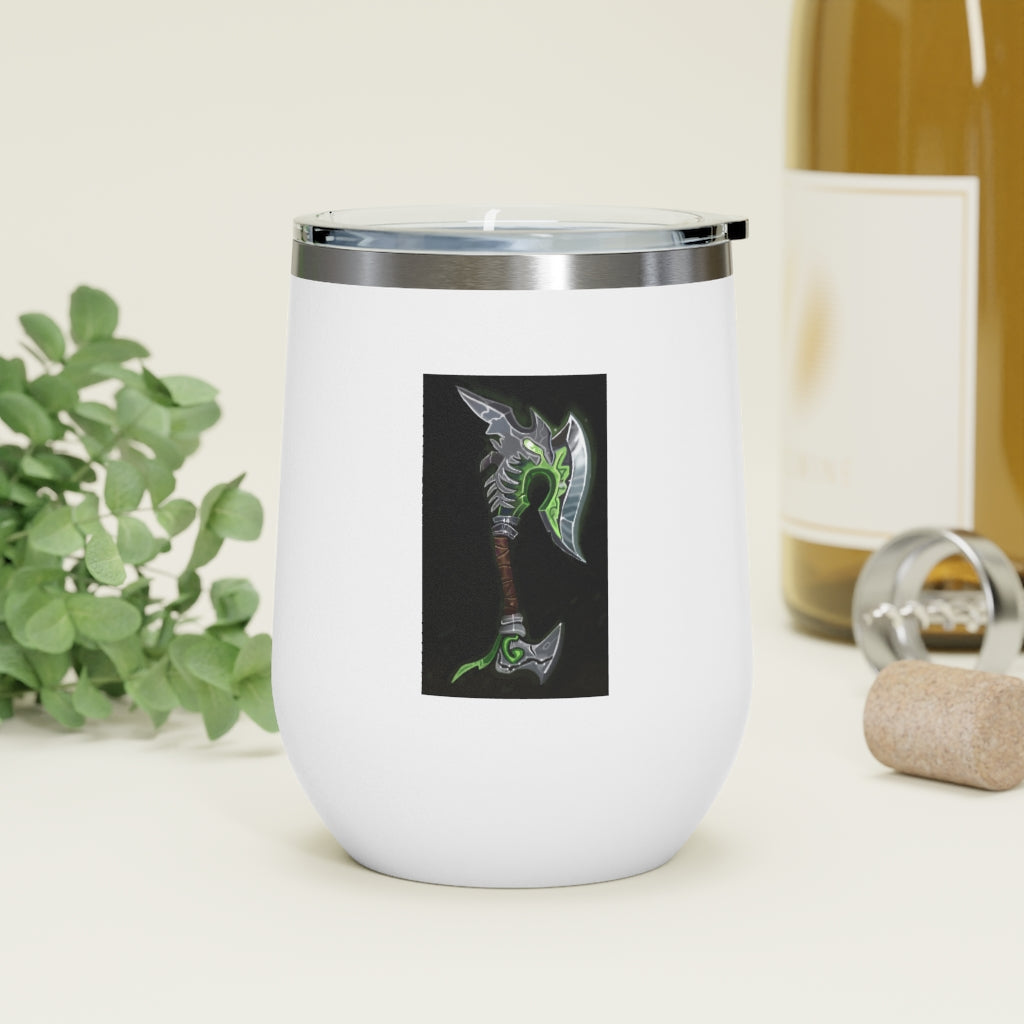 Bone Crusher Scythe 12oz Insulated Wine Tumbler with clear lid and stainless steel body, perfect for hot and cold beverages.