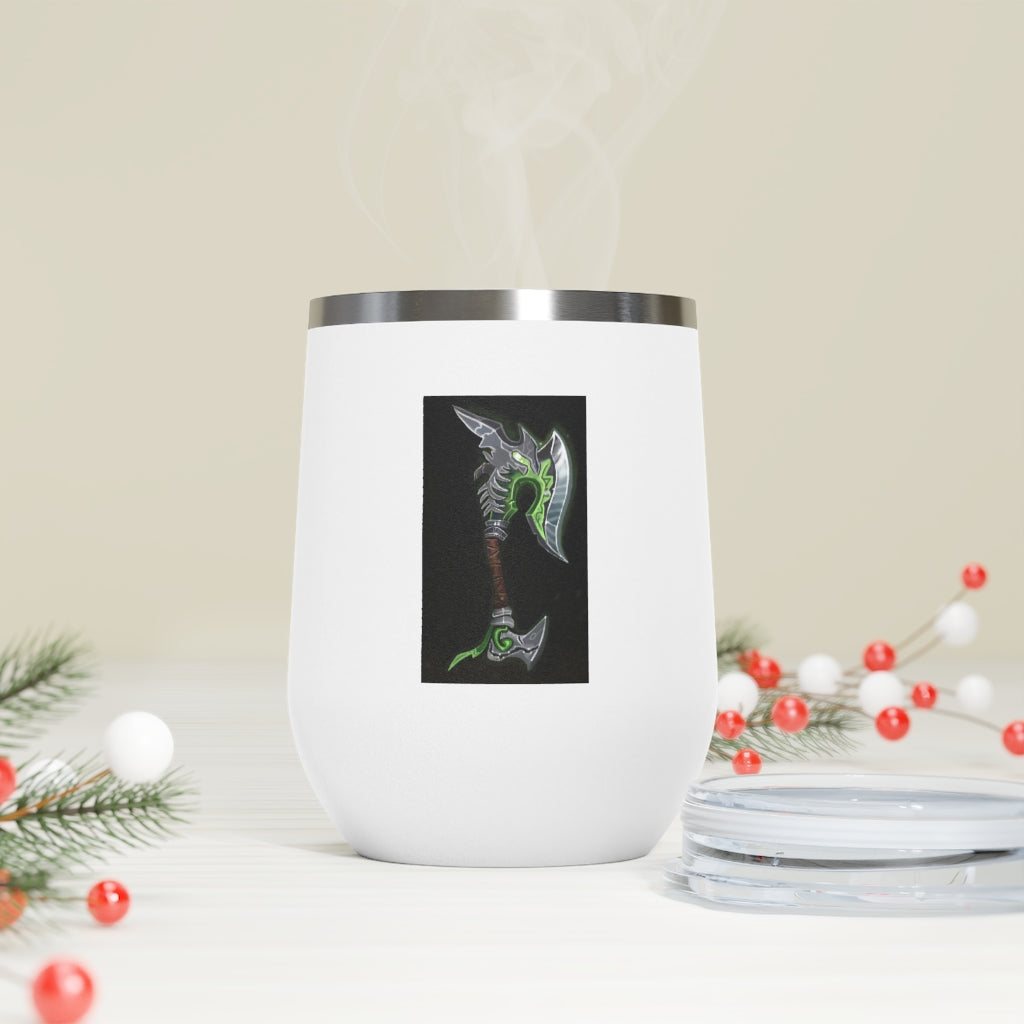 Bone Crusher Scythe 12oz Insulated Wine Tumbler with clear lid and stainless steel body, perfect for hot and cold beverages.