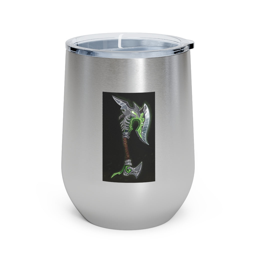 Bone Crusher Scythe 12oz Insulated Wine Tumbler with clear lid and stainless steel body, perfect for hot and cold beverages.