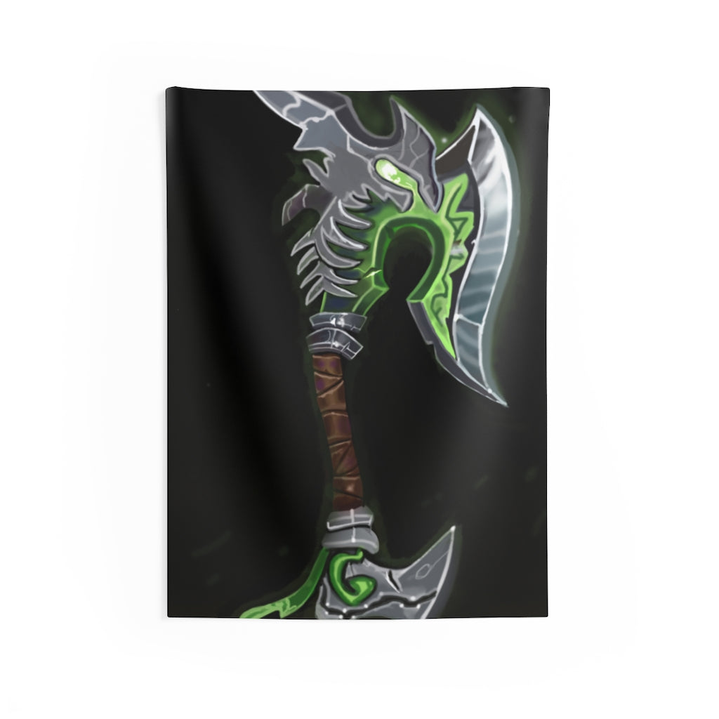 Bone Crusher Scythe Indoor Wall Tapestry showcasing intricate design and vibrant colors, made from durable polyester.