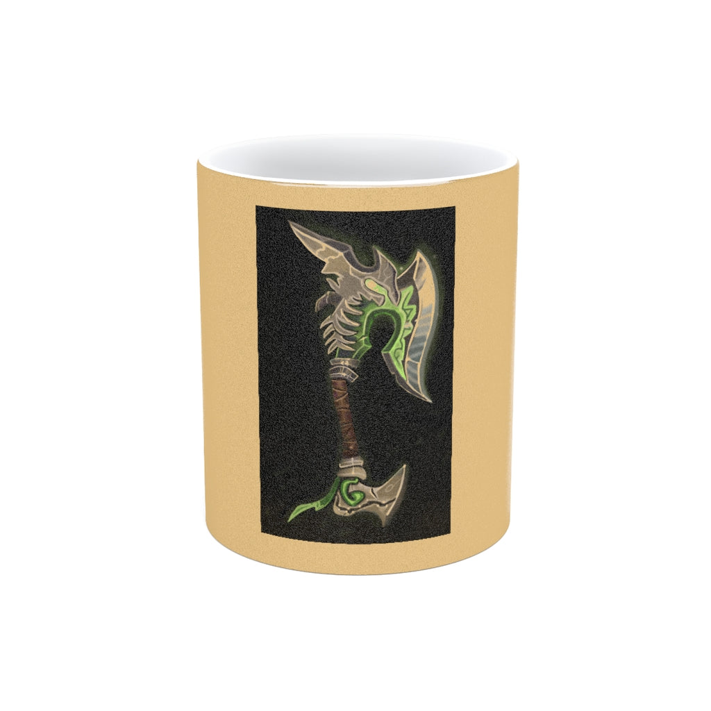 Bone Crusher Scythe Metallic Mug in Gold and Silver finishes, showcasing a personalized design option on a ceramic body.