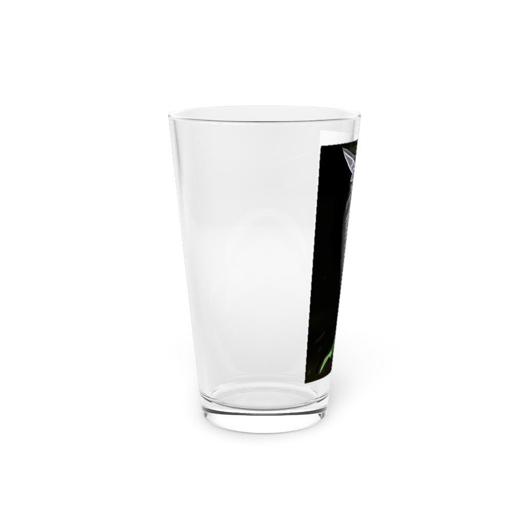 Bone Crusher Scythe Pint Glass, 16oz, clear glass with custom design options, ideal for beverages and gifts.
