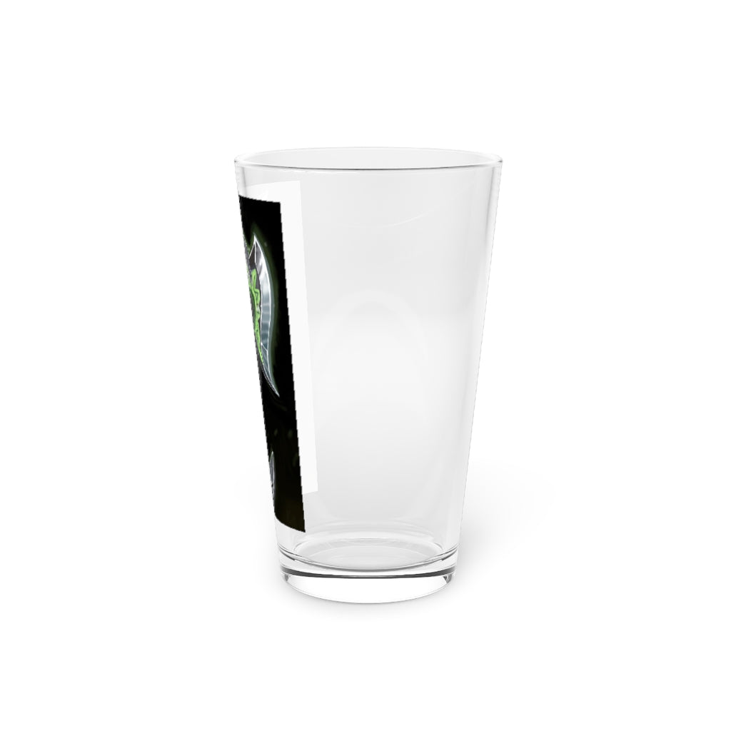 Bone Crusher Scythe Pint Glass, 16oz, clear glass with custom design options, ideal for beverages and gifts.