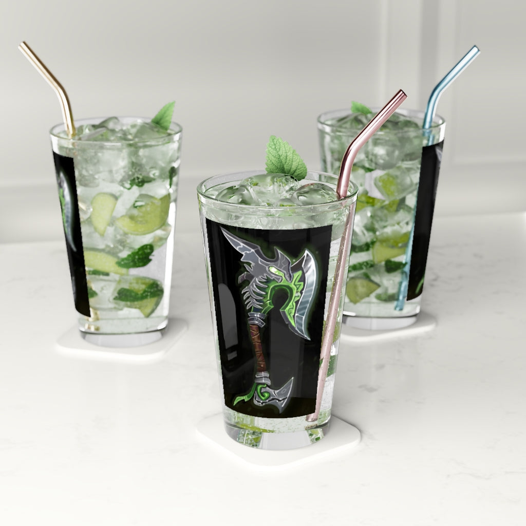 Bone Crusher Scythe Pint Glass, 16oz, clear glass with custom design options, ideal for beverages and gifts.