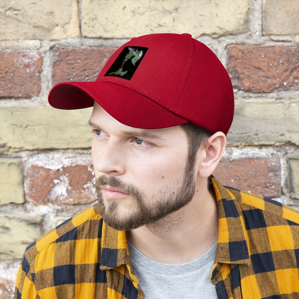 Bone Crusher Scythe Unisex Twill Hat in cotton twill with adjustable Velcro closure, perfect for outdoor activities.