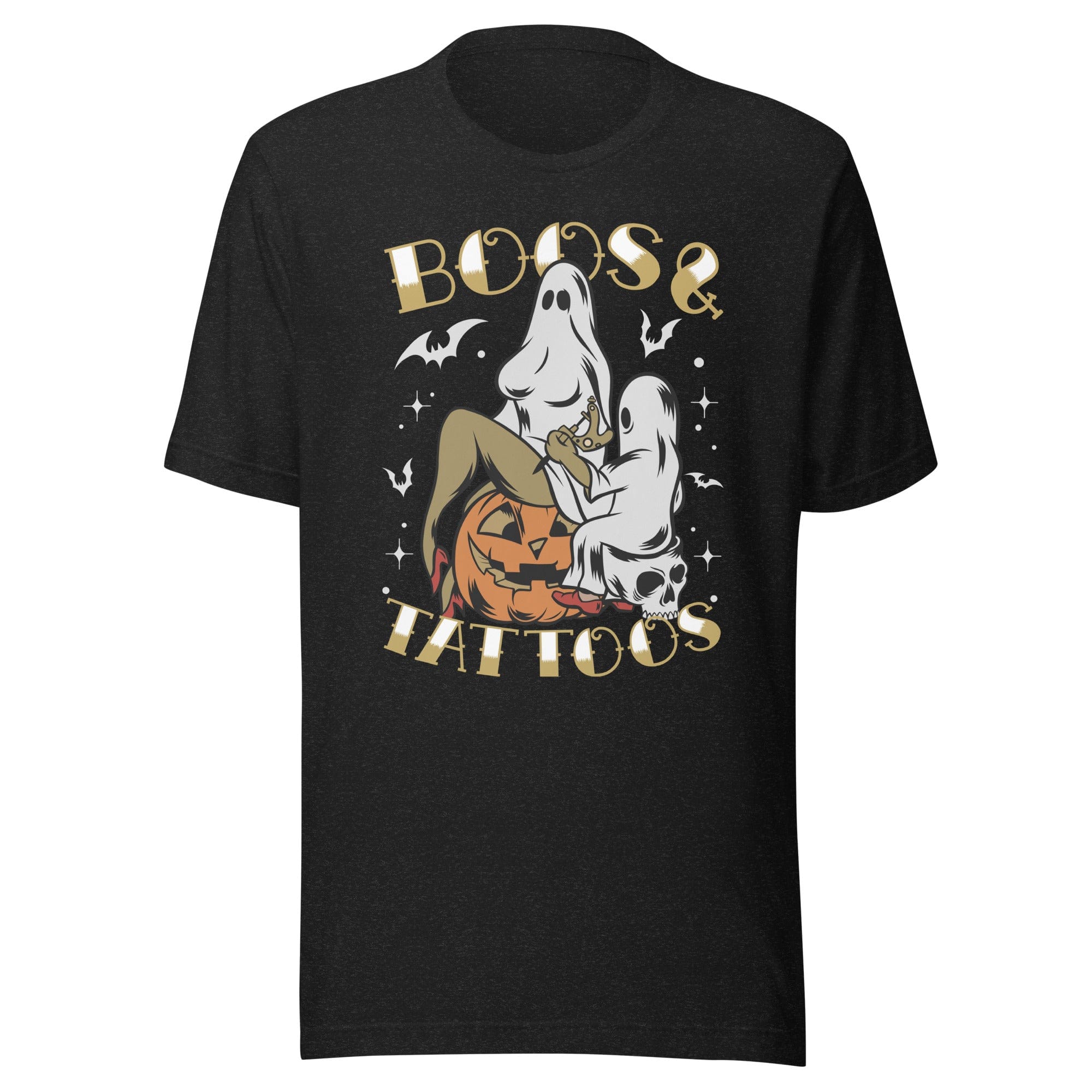 A stylish Boos & Tattoos Tee featuring vibrant Halloween-themed graphics, made from 100% soft cotton.