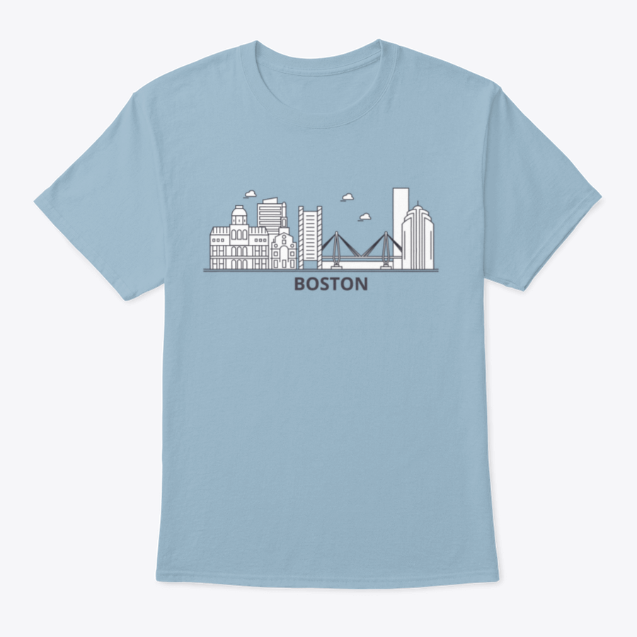 A stylish shirt featuring a detailed illustration of the Boston skyline, showcasing iconic buildings and structures.