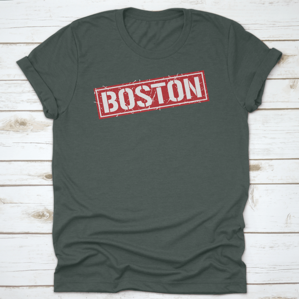Boston Grunge Vintage Square Stamp T-Shirt featuring a unique design, made from 100% cotton for comfort and durability.
