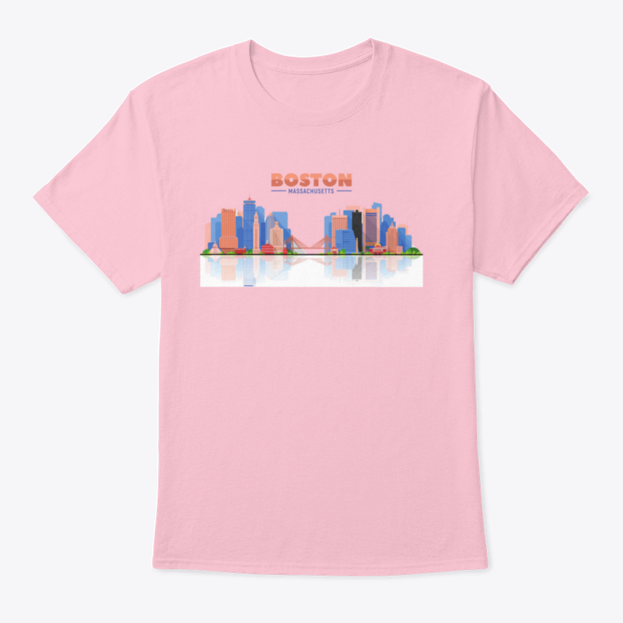 A stylish t-shirt featuring the Boston skyline panorama on a white background, showcasing the city's iconic buildings.