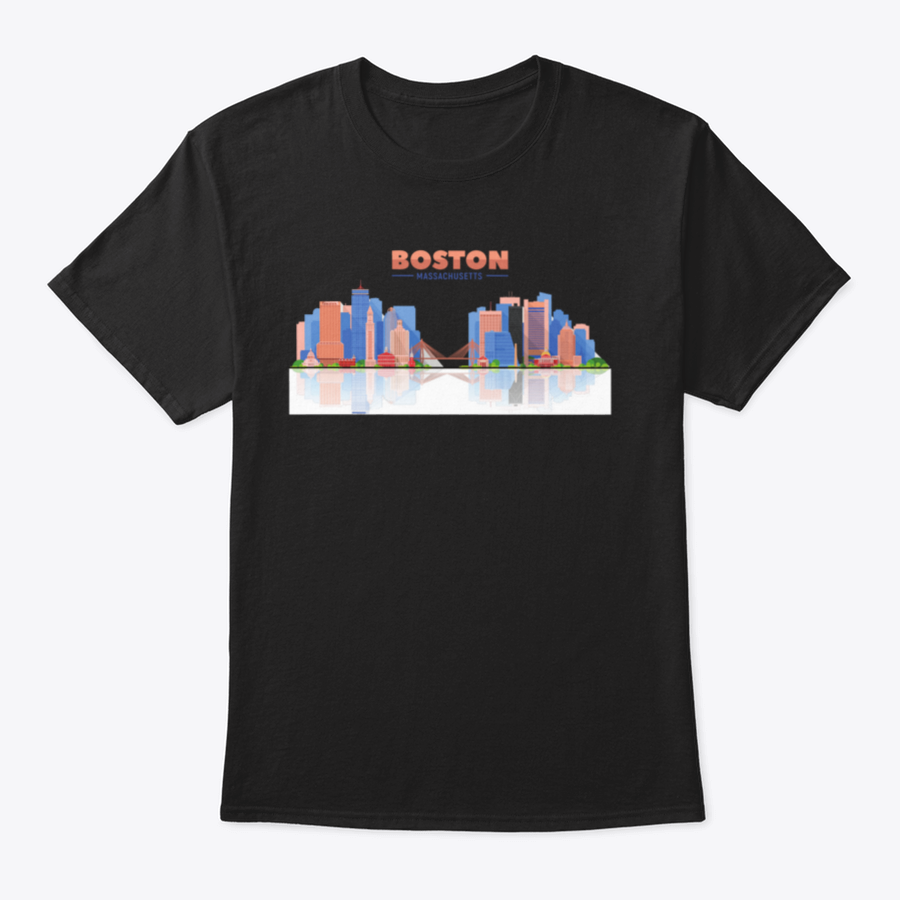 A stylish t-shirt featuring the Boston skyline panorama on a white background, showcasing the city's iconic buildings.