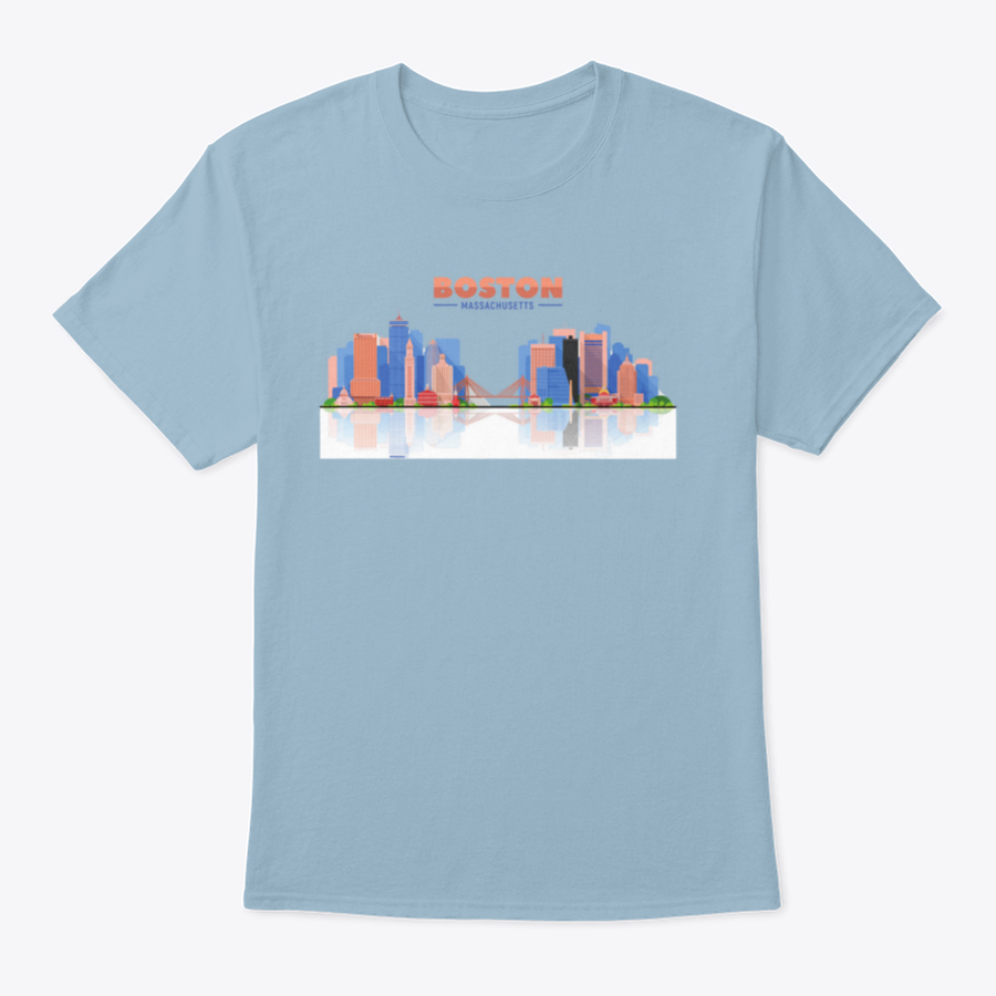 A stylish t-shirt featuring the Boston skyline panorama on a white background, showcasing the city's iconic buildings.