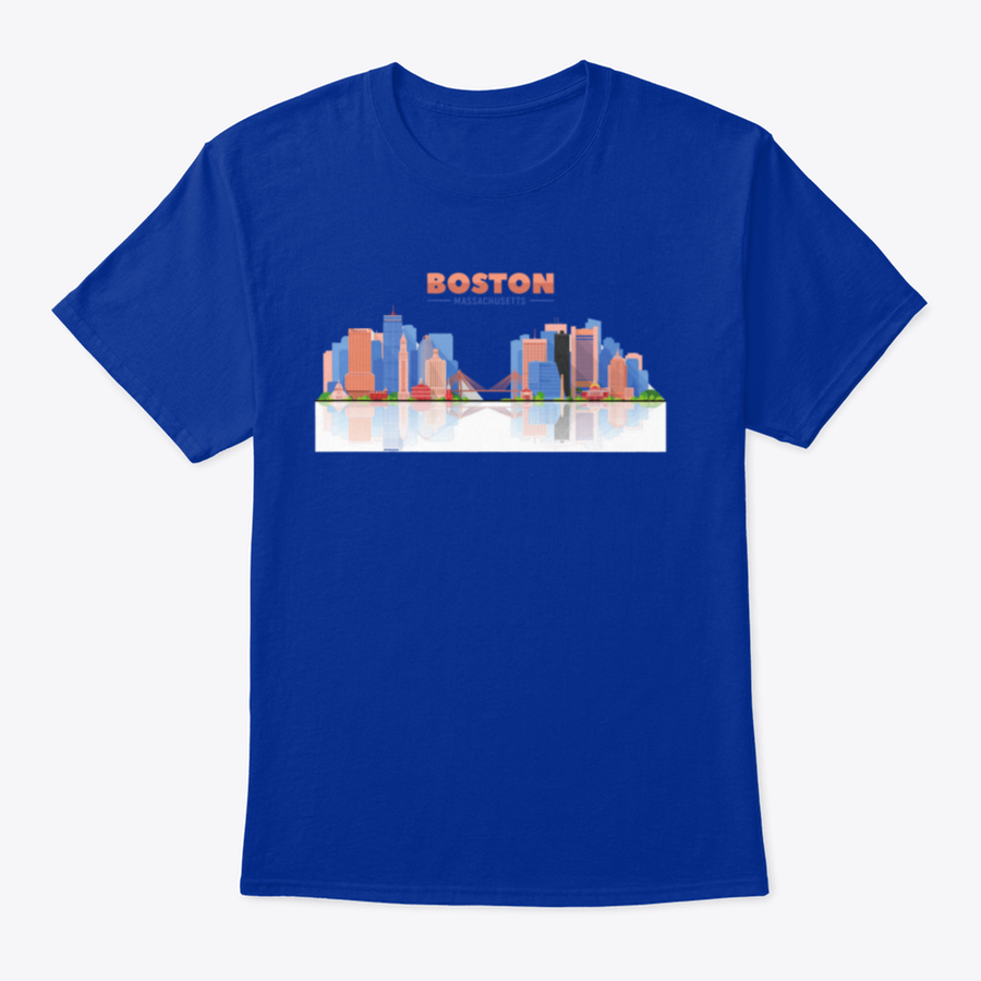 A stylish t-shirt featuring the Boston skyline panorama on a white background, showcasing the city's iconic buildings.