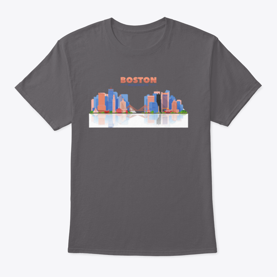 A stylish t-shirt featuring the Boston skyline panorama on a white background, showcasing the city's iconic buildings.
