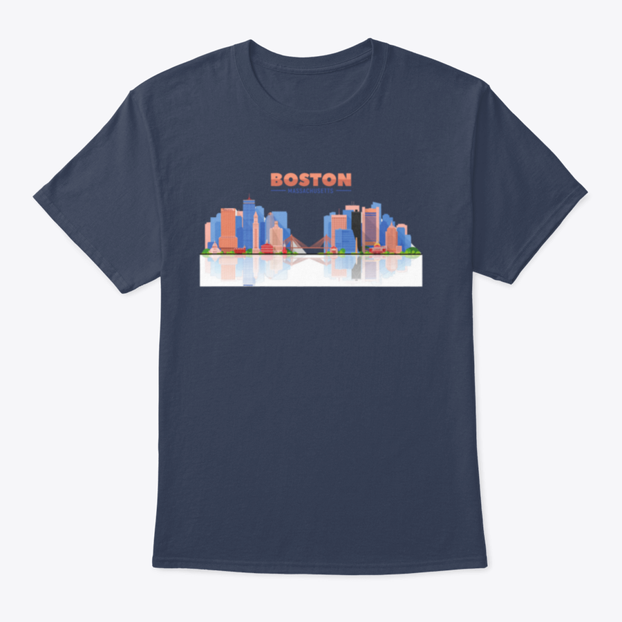 A stylish t-shirt featuring the Boston skyline panorama on a white background, showcasing the city's iconic buildings.