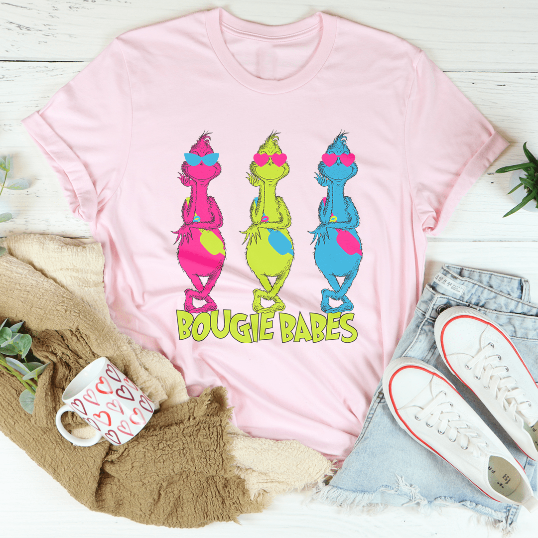 Bougie Babes Tee featuring a festive Christmas design, made from 100% soft cotton, showcasing vibrant colors and a comfortable fit.