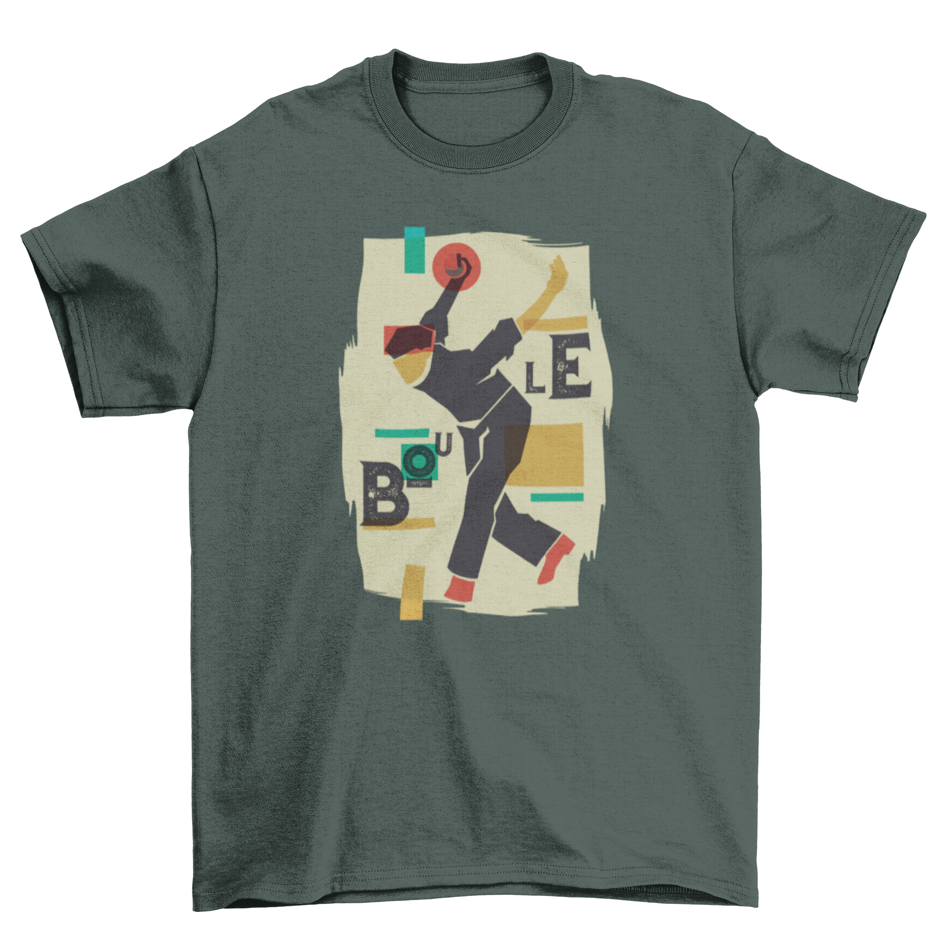 Boule player t-shirt featuring an abstract illustration of a man playing boule, showcasing a stylish design.