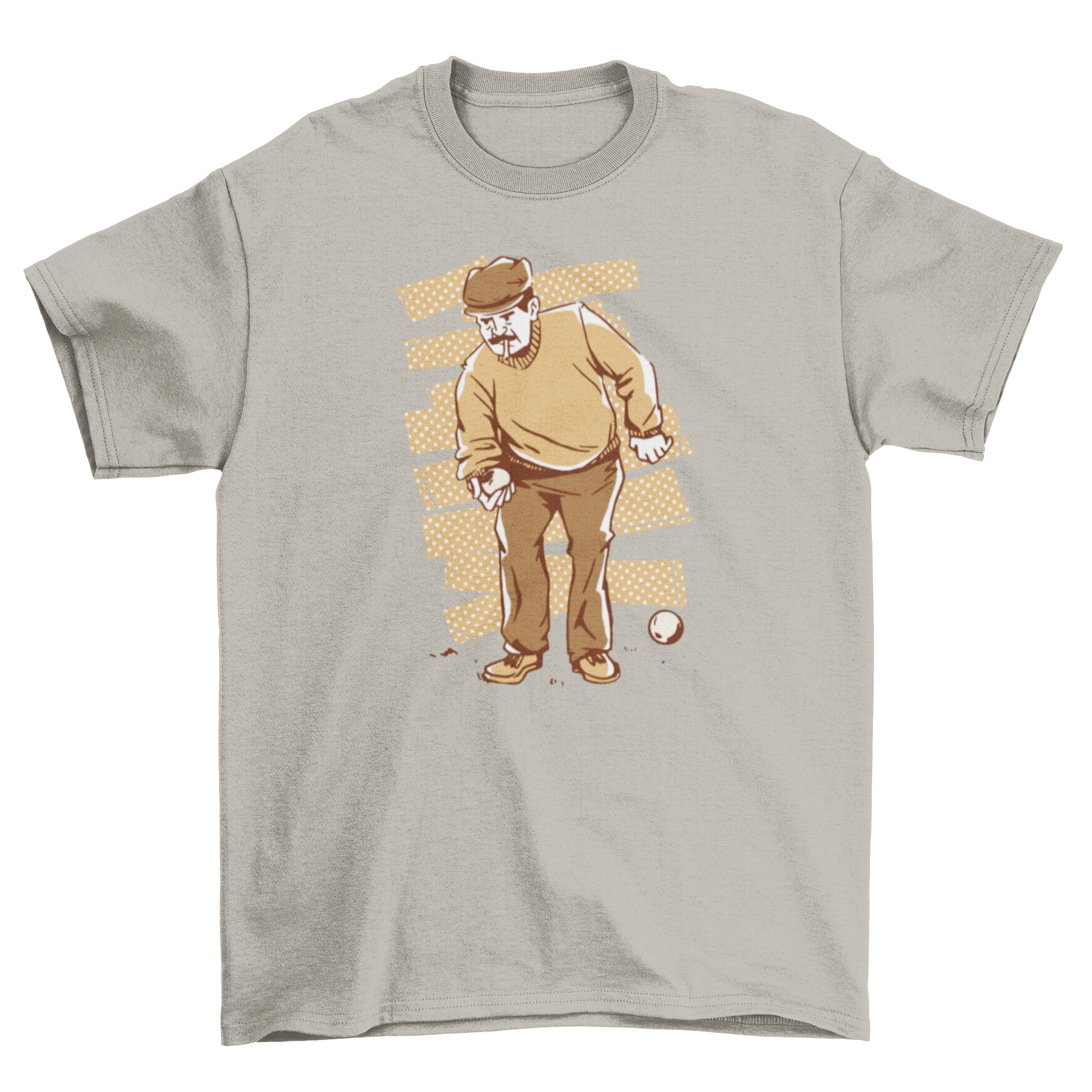 A stylish t-shirt featuring an elderly man playing boules, showcasing a unique design for sports enthusiasts.