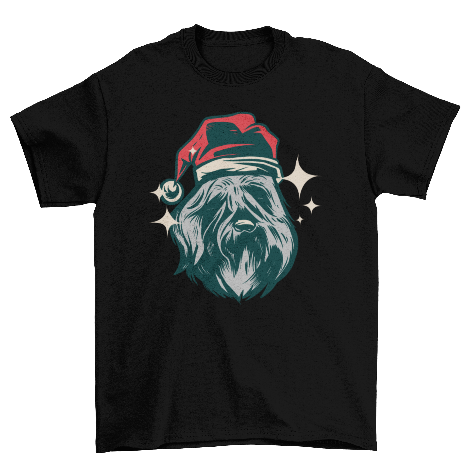 Bouvier des Flandres dog wearing a Santa hat on a festive t-shirt design.