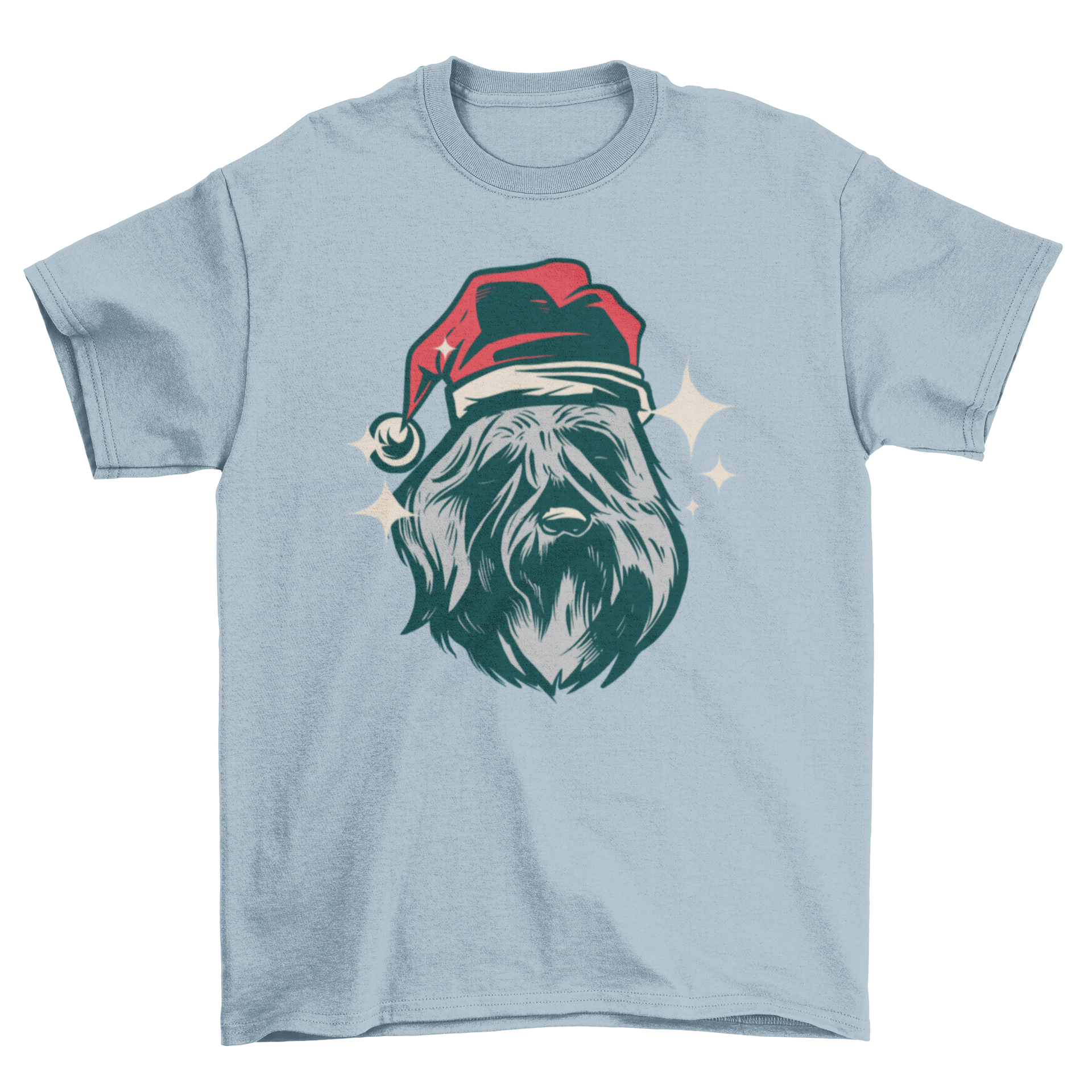 Bouvier des Flandres dog wearing a Santa hat on a festive t-shirt design.
