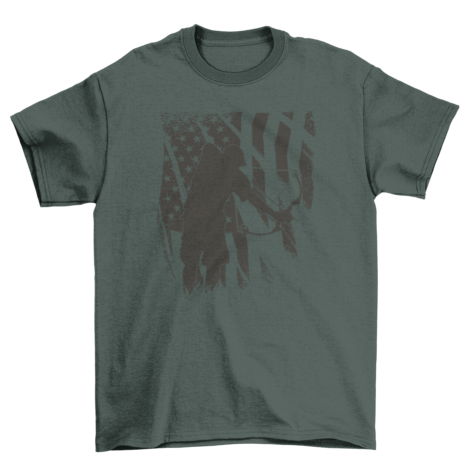 A stylish t-shirt featuring a person bowfishing with an American flag background, perfect for outdoor enthusiasts.