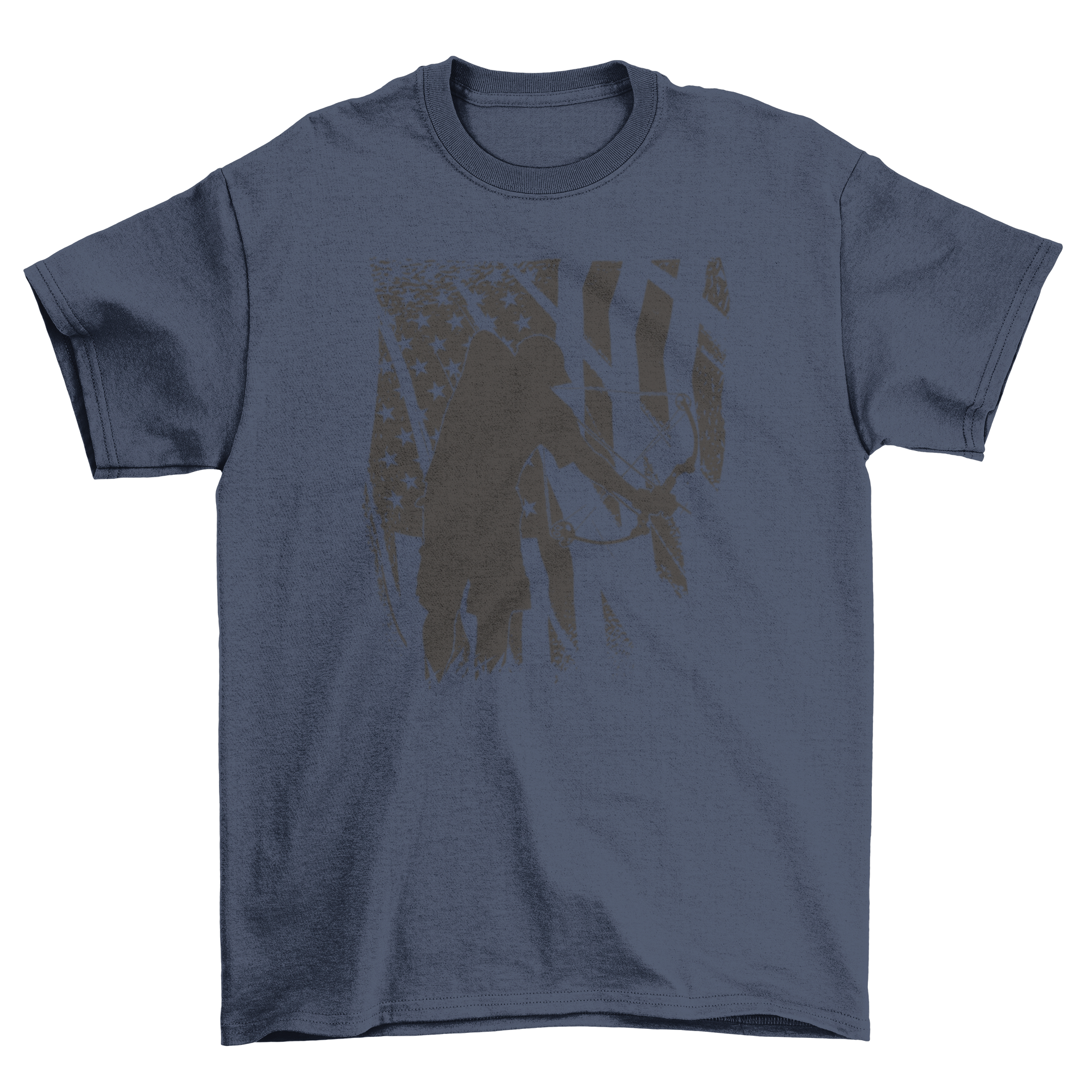 A stylish t-shirt featuring a person bowfishing with an American flag background, perfect for outdoor enthusiasts.