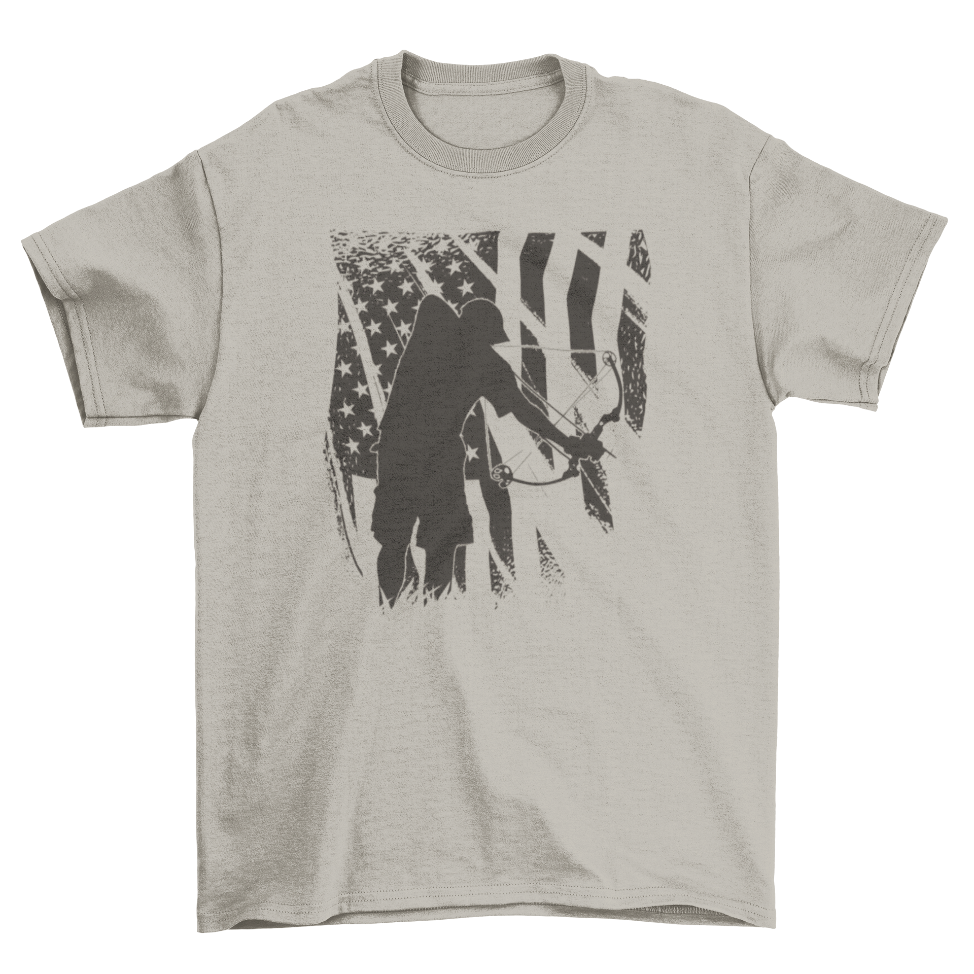 A stylish t-shirt featuring a person bowfishing with an American flag background, perfect for outdoor enthusiasts.
