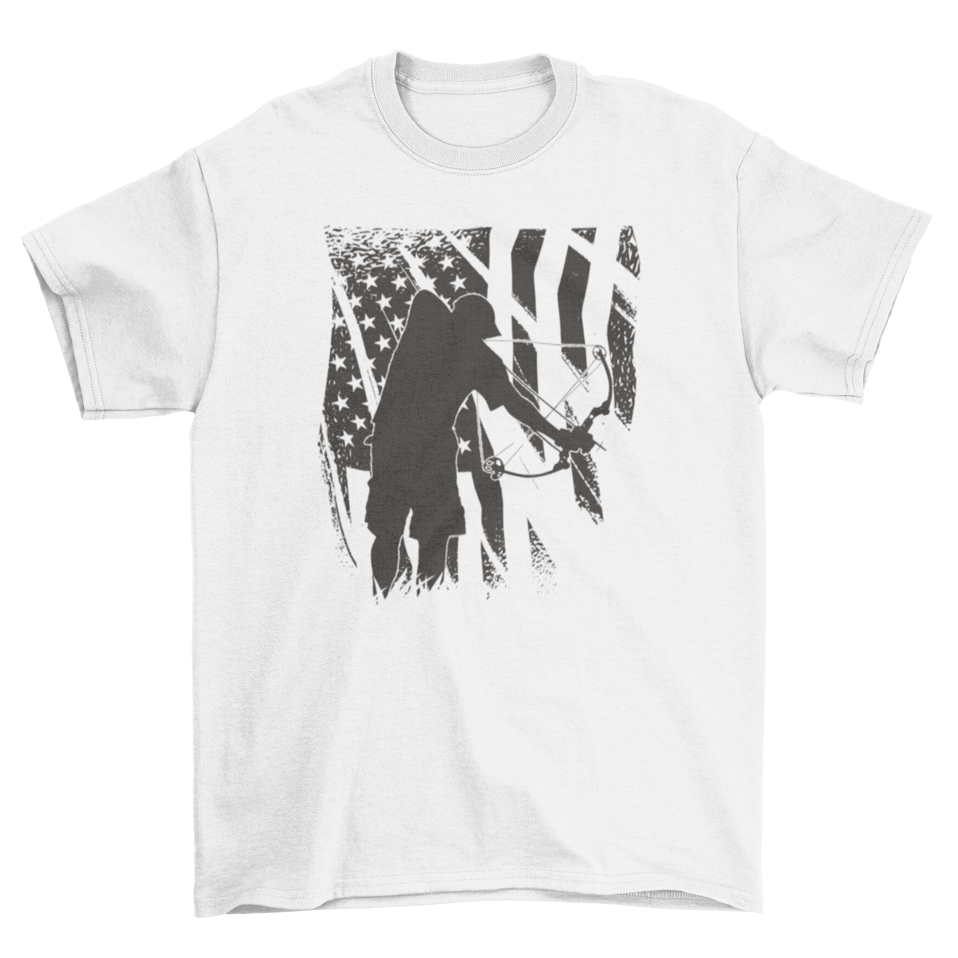 A stylish t-shirt featuring a person bowfishing with an American flag background, perfect for outdoor enthusiasts.