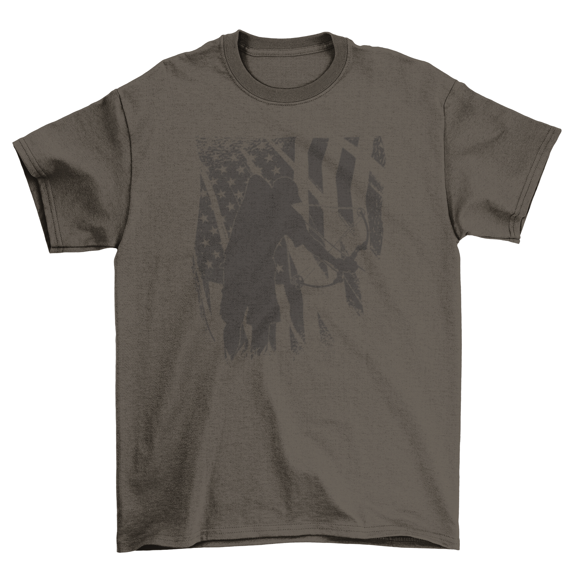 A stylish t-shirt featuring a person bowfishing with an American flag background, perfect for outdoor enthusiasts.