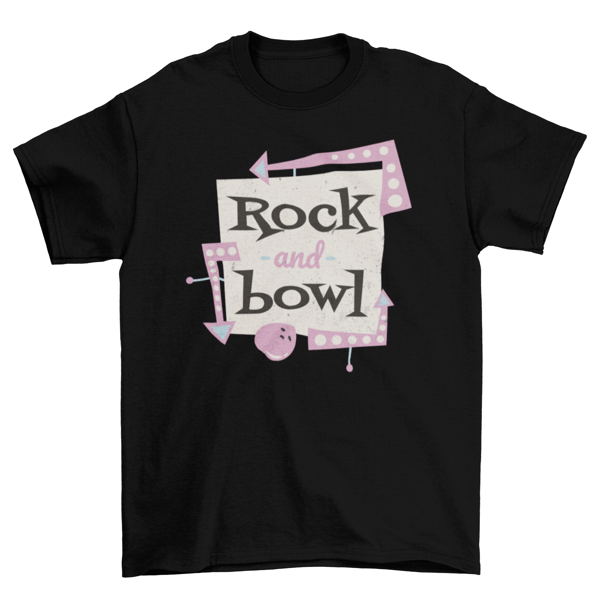A retro-style t-shirt featuring a bowling ball sign and the quote 'Rock and bowl', perfect for bowling enthusiasts.