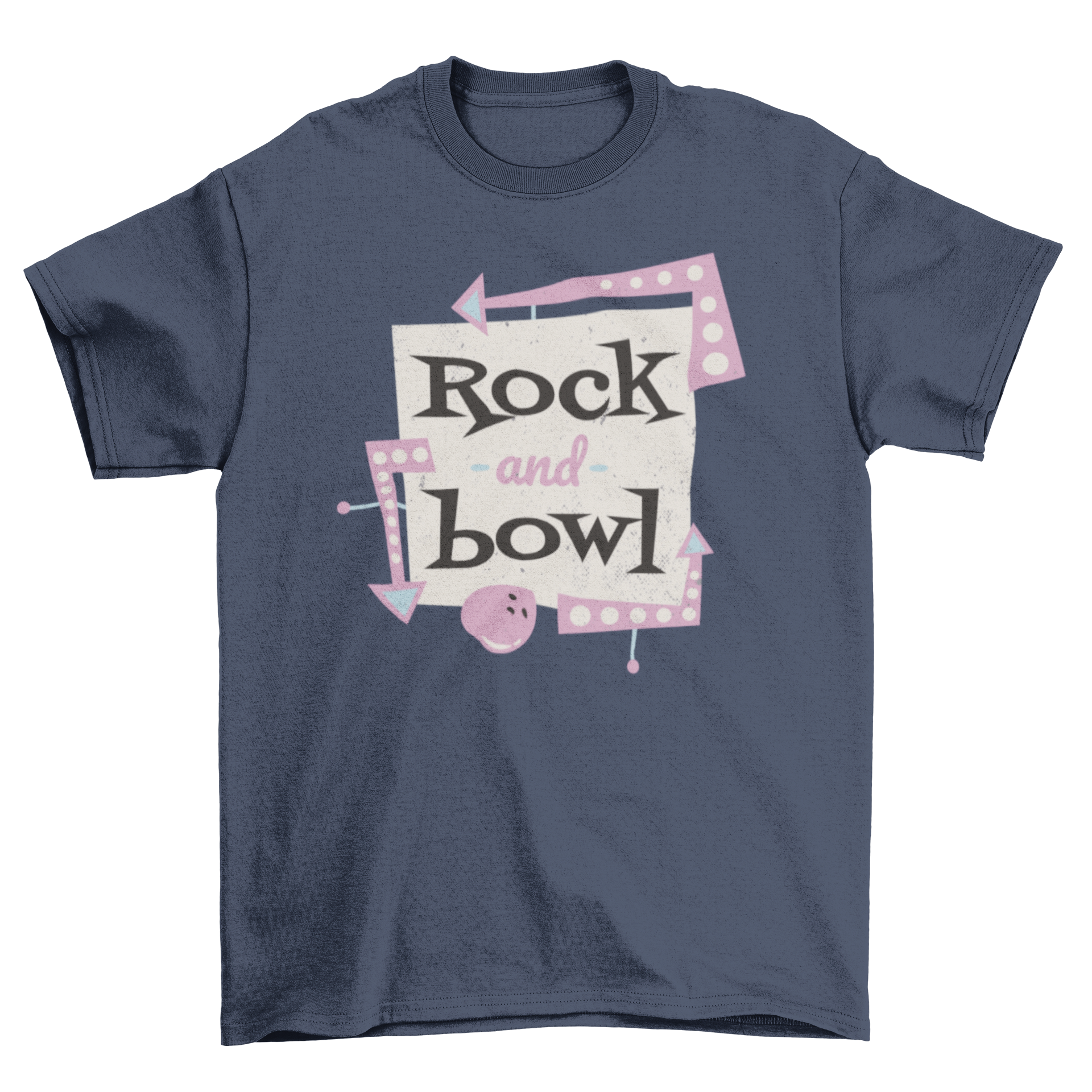 A retro-style t-shirt featuring a bowling ball sign and the quote 'Rock and bowl', perfect for bowling enthusiasts.