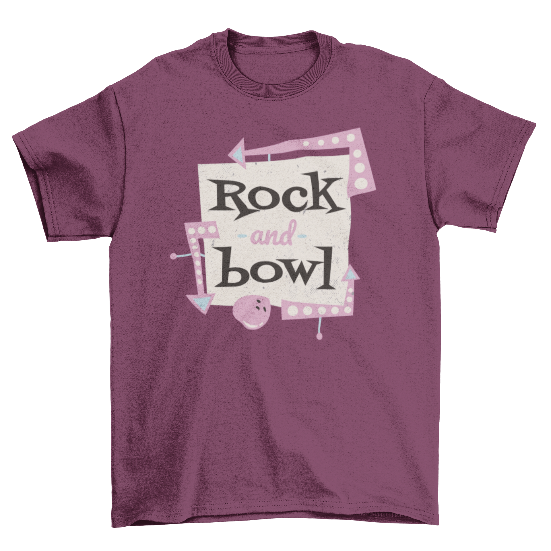 A retro-style t-shirt featuring a bowling ball sign and the quote 'Rock and bowl', perfect for bowling enthusiasts.