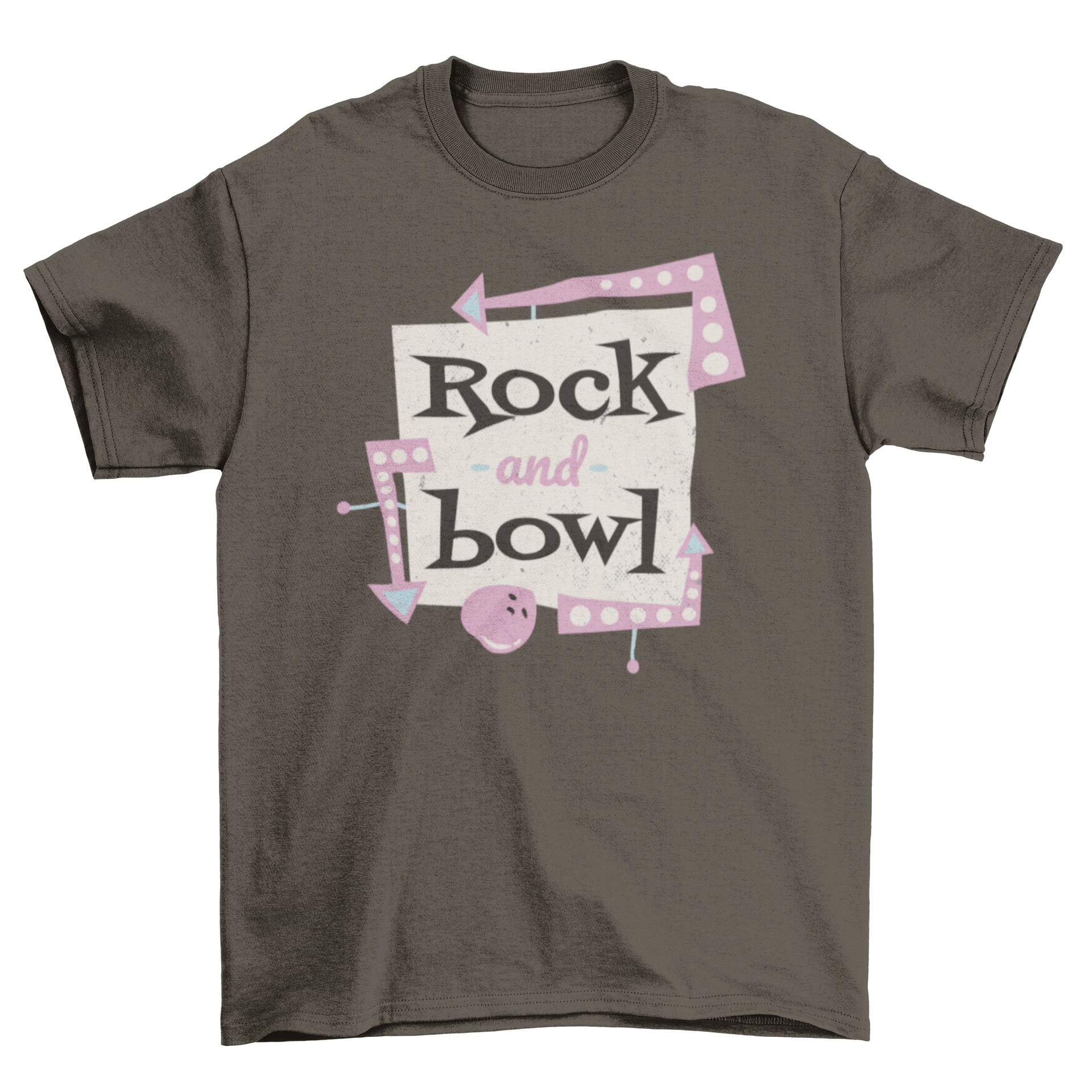 A retro-style t-shirt featuring a bowling ball sign and the quote 'Rock and bowl', perfect for bowling enthusiasts.