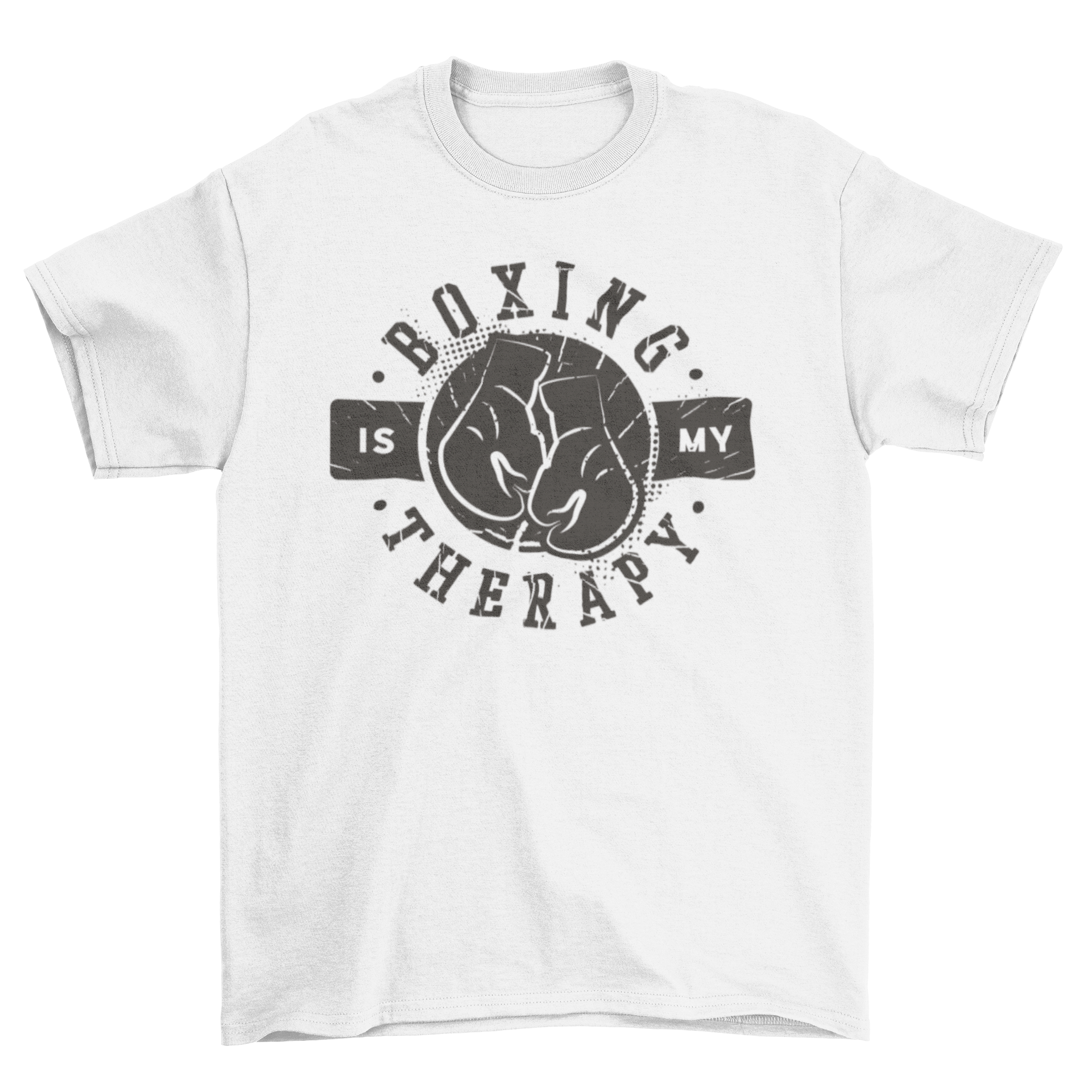 Boxing quote t-shirt featuring the quote 'Boxing is my therapy' with boxing gloves graphic.