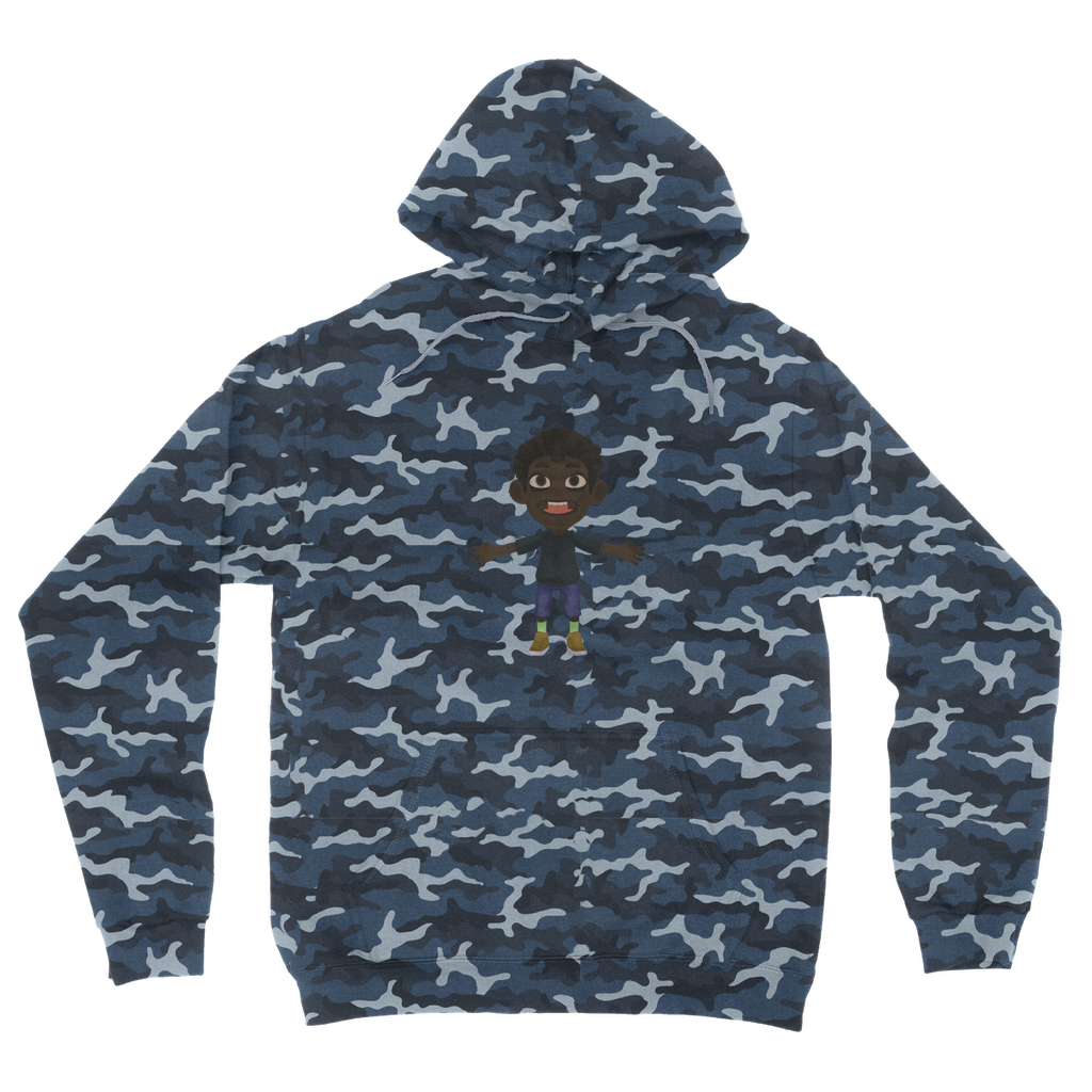 Boy Camouflage Adult Hoodie featuring an all-over camo design, double fabric hood, and kangaroo pouch pocket.