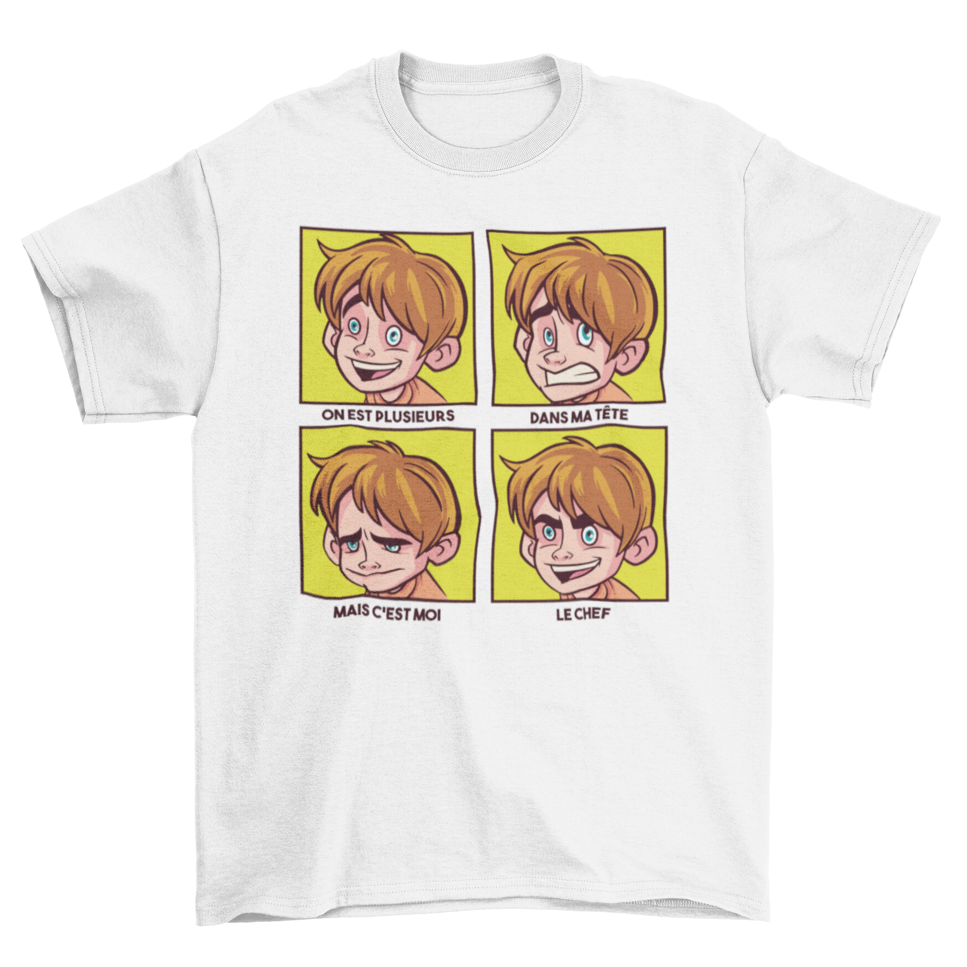 A colorful t-shirt featuring a cartoon boy's moodboard design with French quotes, perfect for kids.