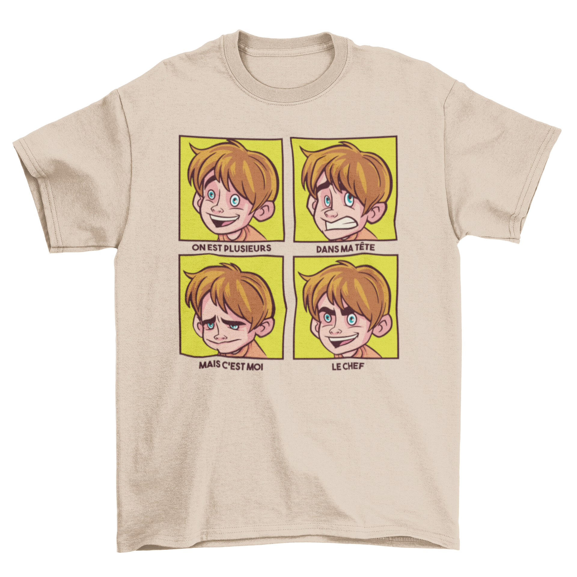 A colorful t-shirt featuring a cartoon boy's moodboard design with French quotes, perfect for kids.