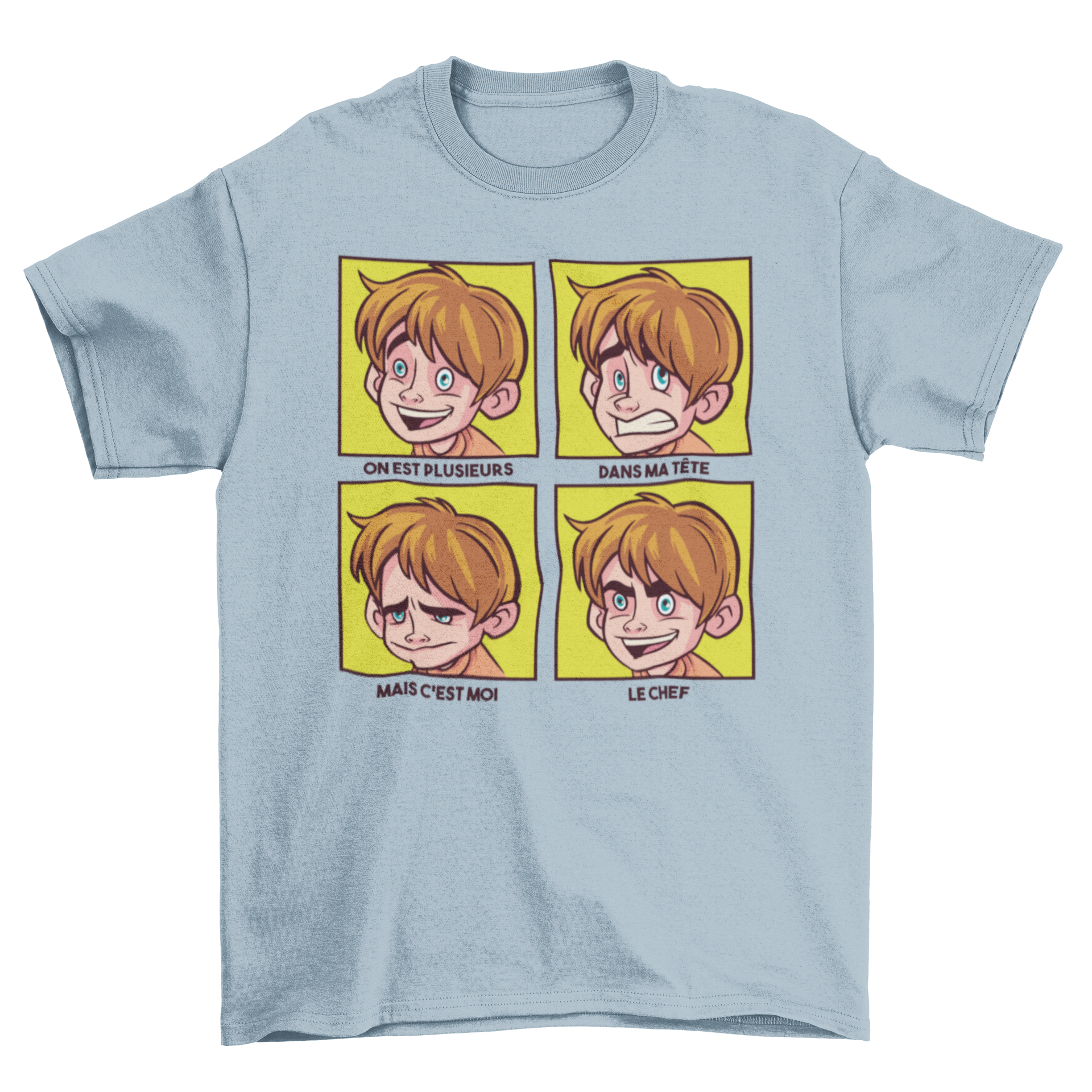 A colorful t-shirt featuring a cartoon boy's moodboard design with French quotes, perfect for kids.
