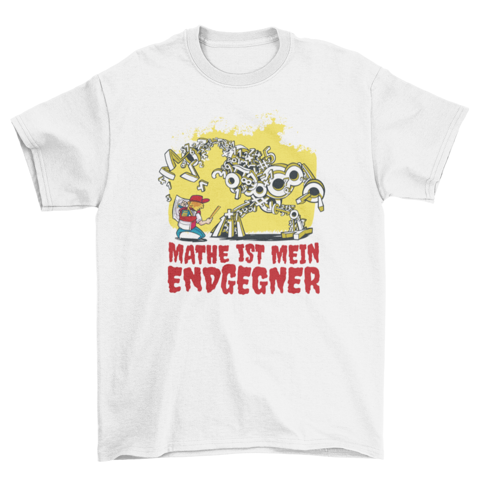 A colorful t-shirt featuring a boy battling a number monster with a German quote about math.